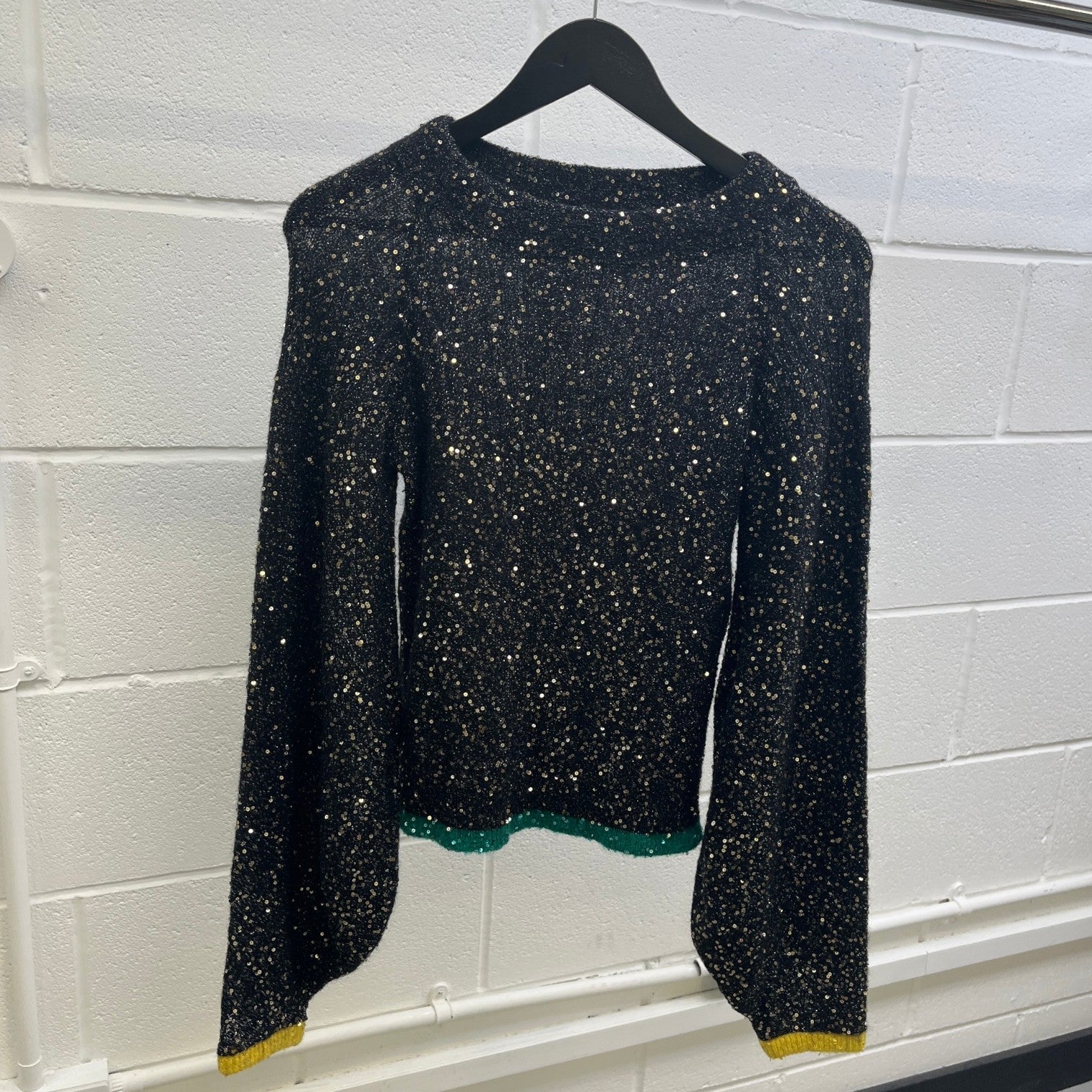 Women's Sequin Balloon Sleeve Jumper Black Size S