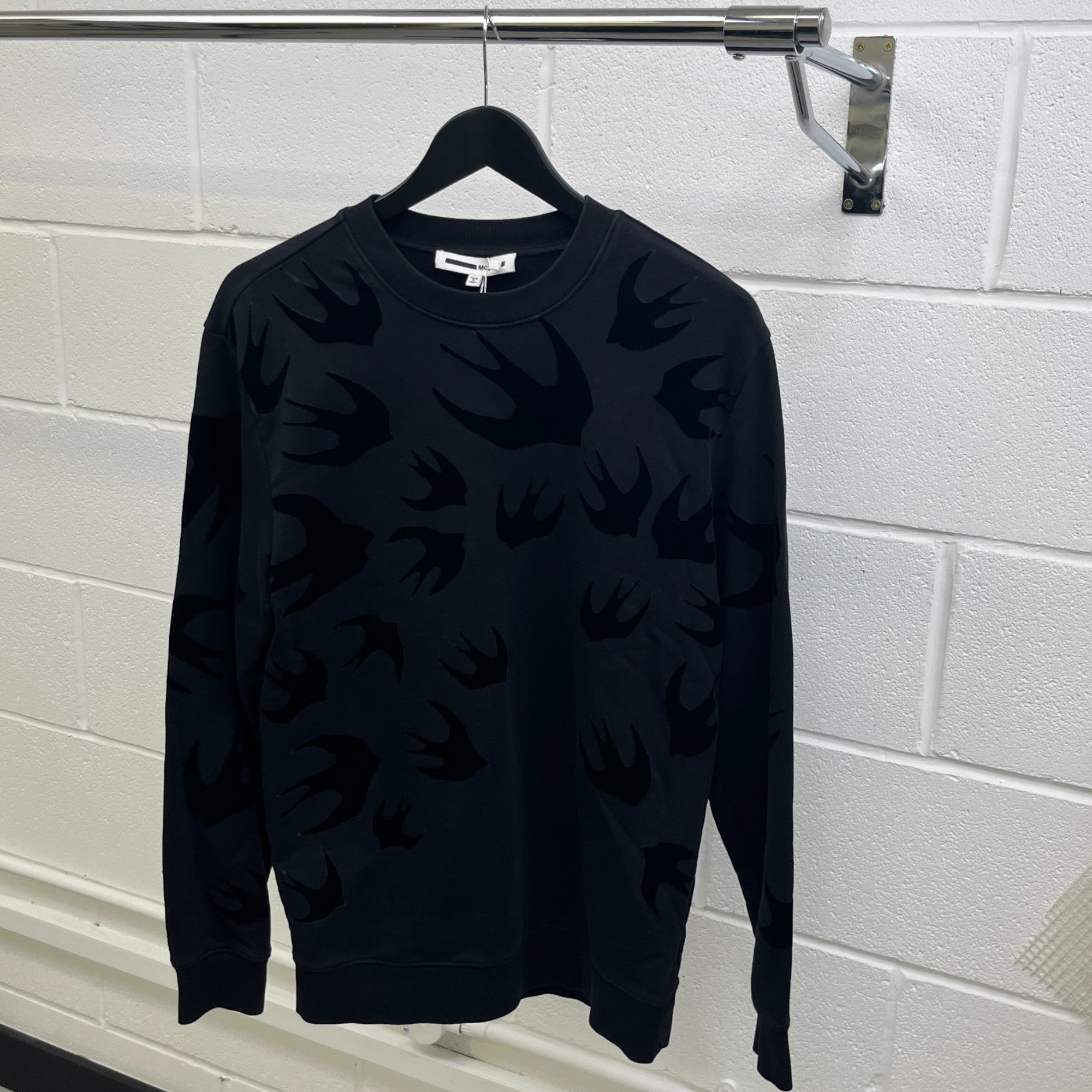 Men's Velour Swallow Print Jumper Black Size XS