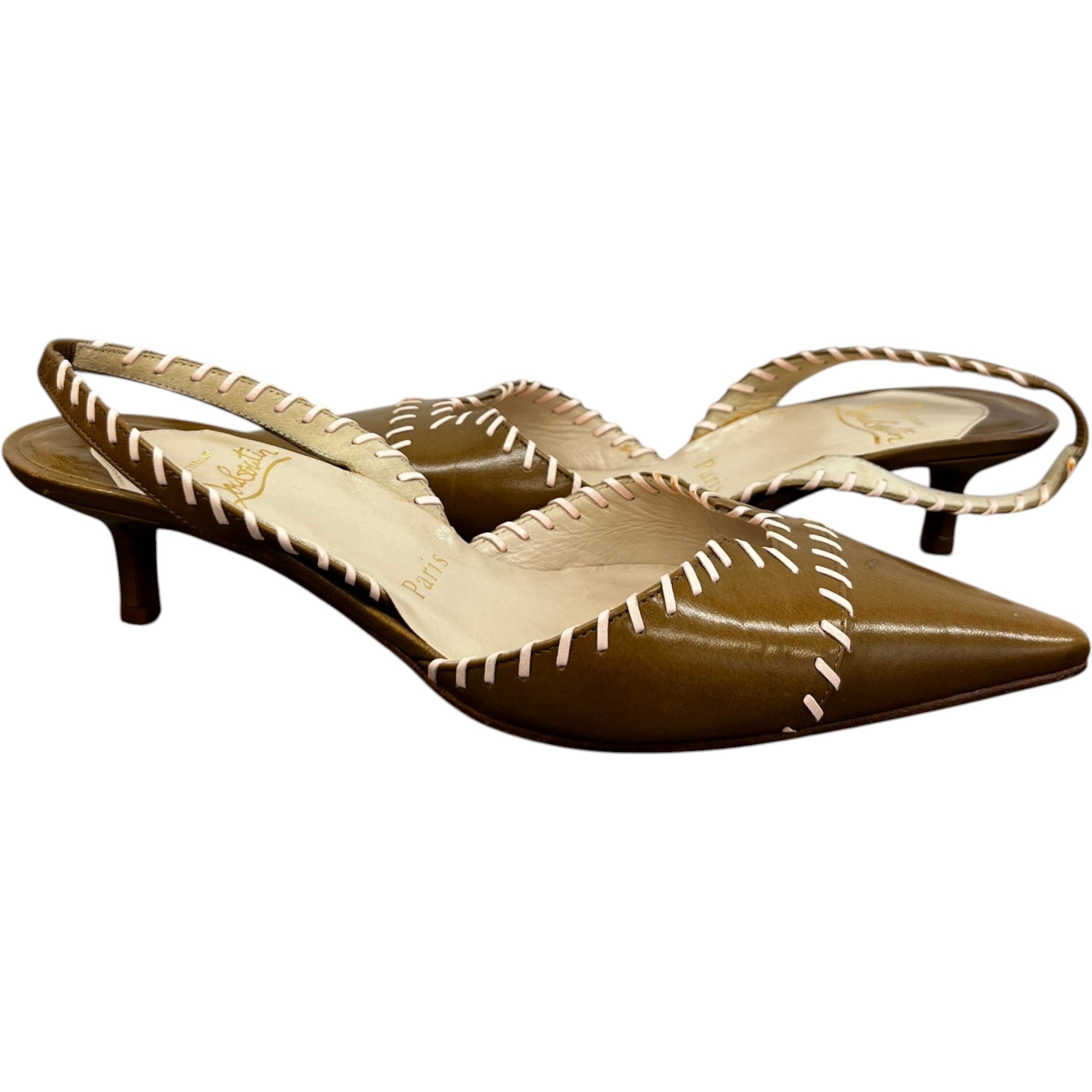 Women's Stitch Detail Kitten Heal Mules Brown Size EU 36 / UK 3