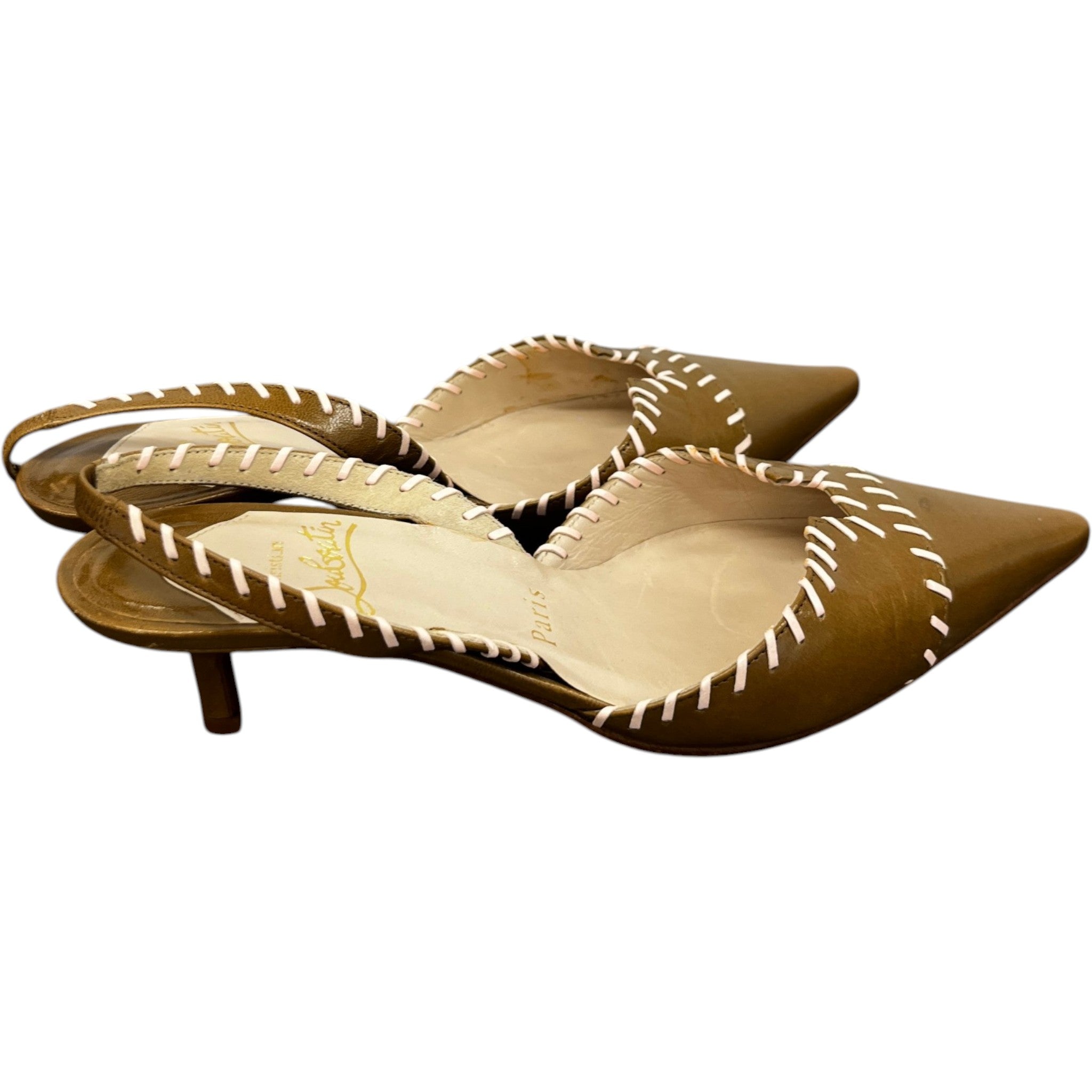 Women's Stitch Detail Kitten Heal Mules Brown Size EU 36 / UK 3