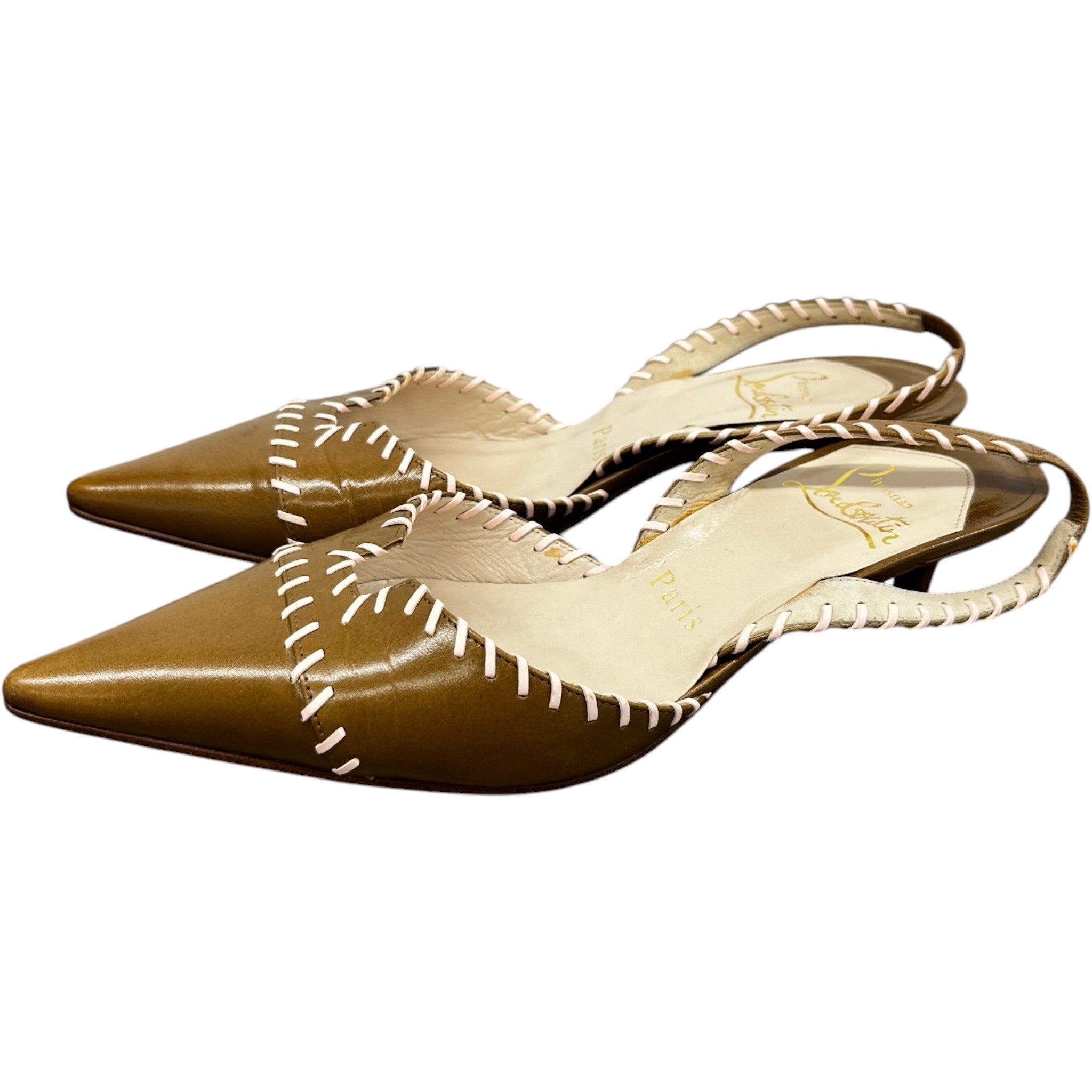 Women's Stitch Detail Kitten Heal Mules Brown Size EU 36 / UK 3