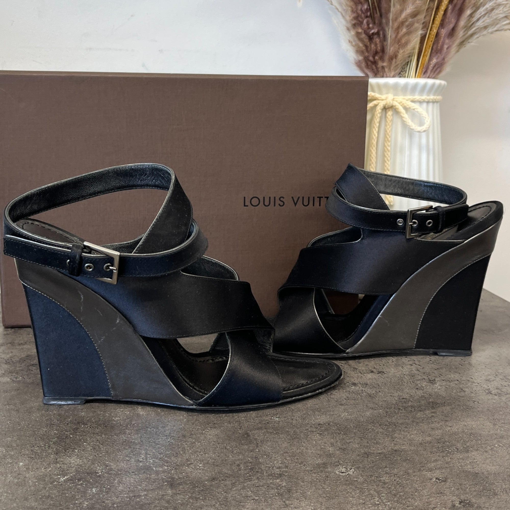 Women's Satin Strap Wedge Sandals Heels Black Size EU 38 / UK 5