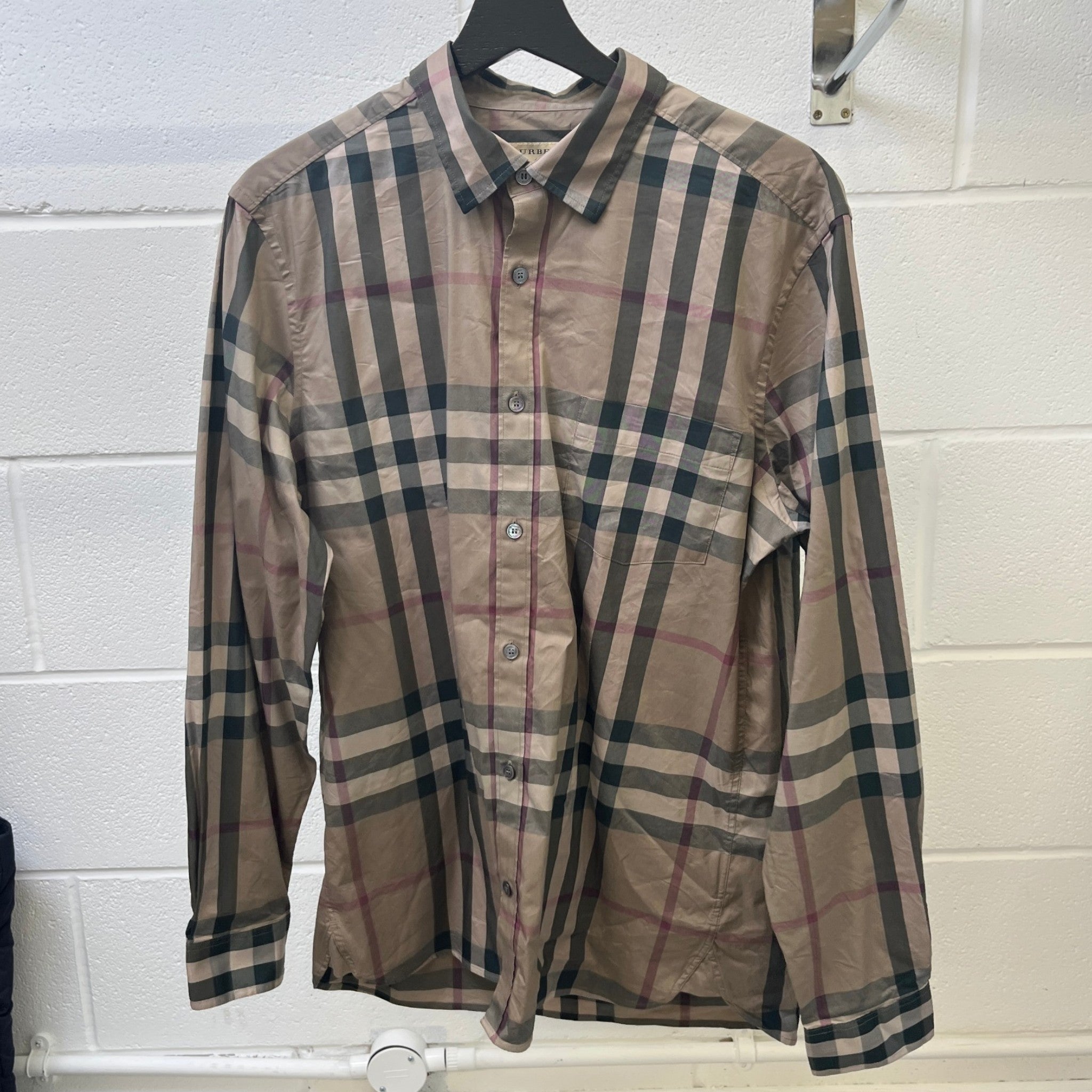 Men's Checkered Short Sleeve Shirt Beige Size L