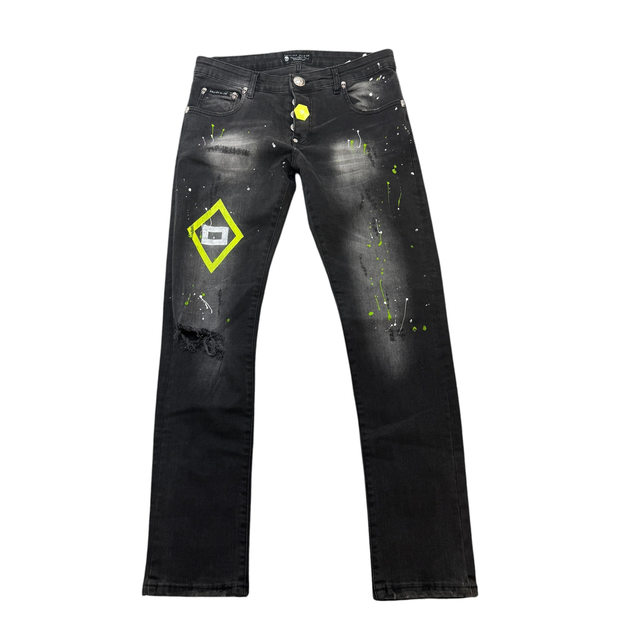 Men's Paint Splash Jeans Black Size Waist 32"