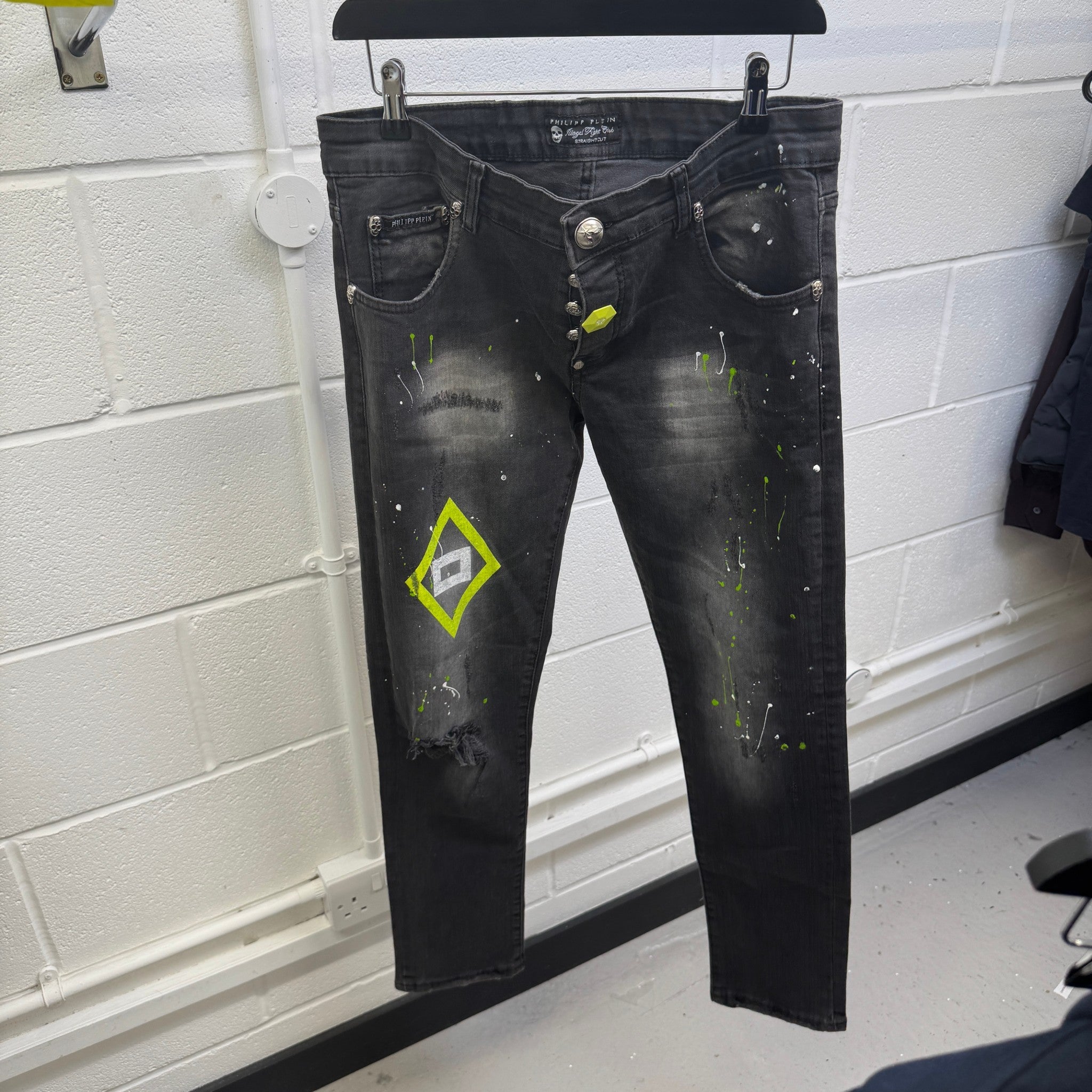 Men's Paint Splash Jeans Black Size Waist 32"