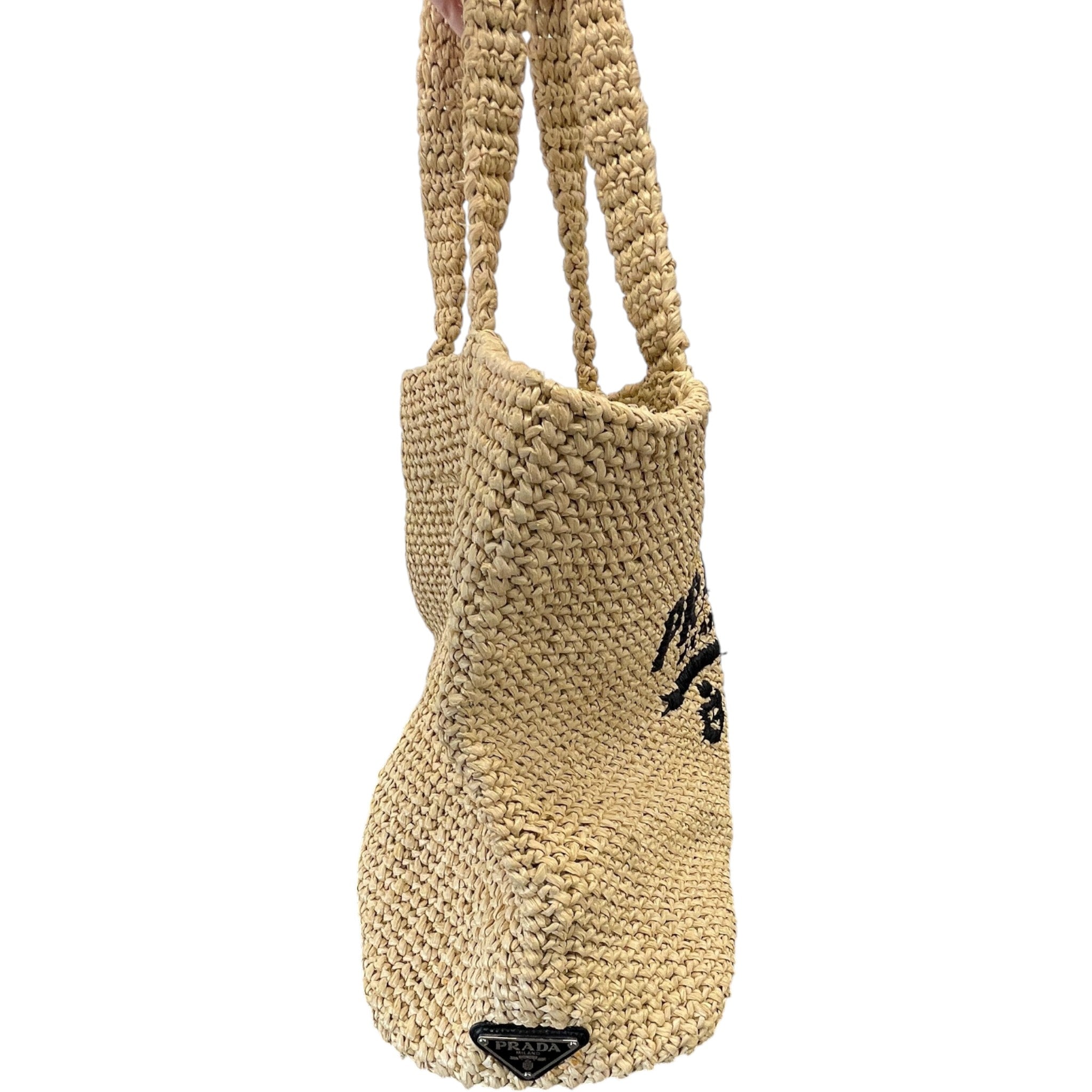 Women's Raffia Plaque Logo Tote Bag Brown