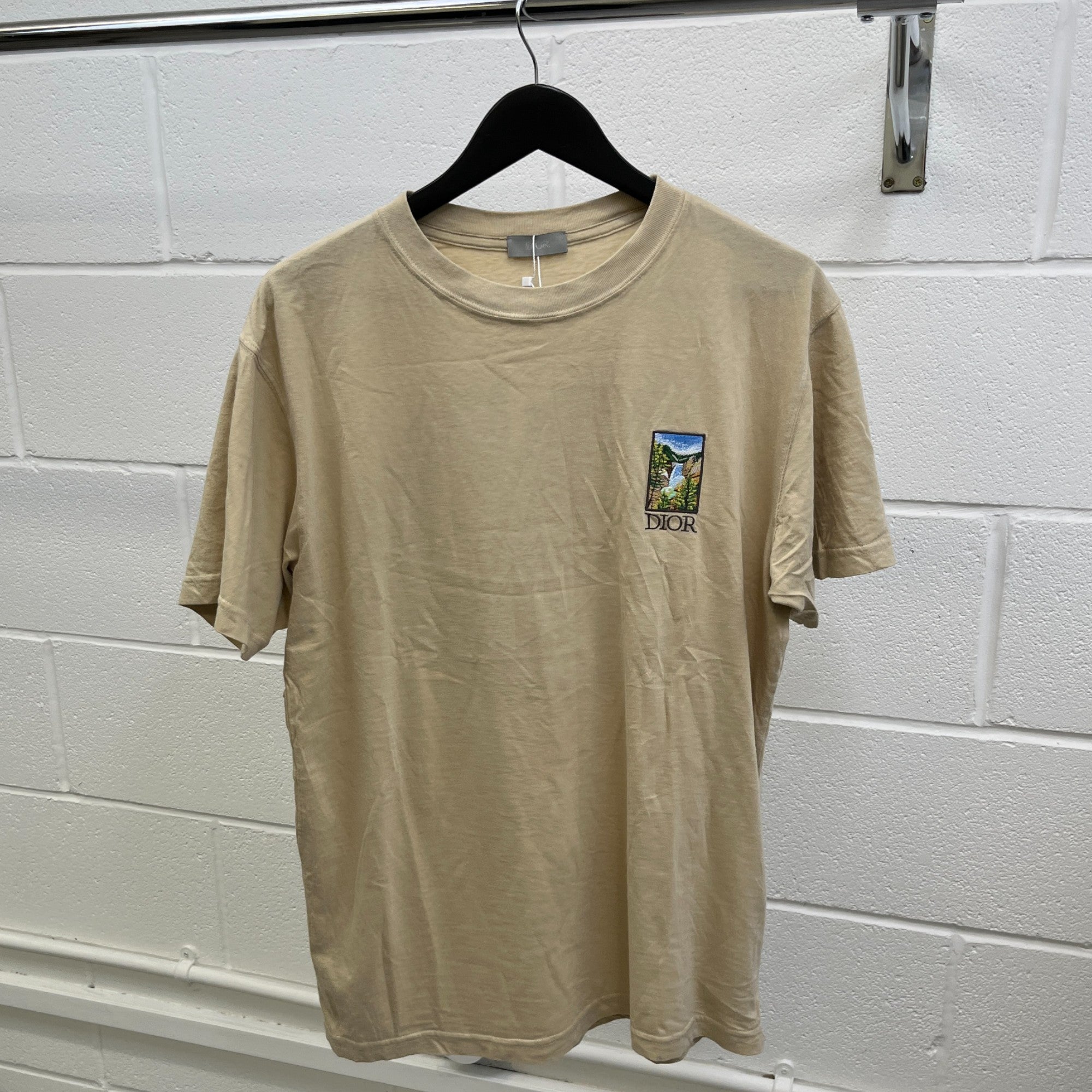 Men's Embroidered Logo Back Print T-Shirt Beige Size S