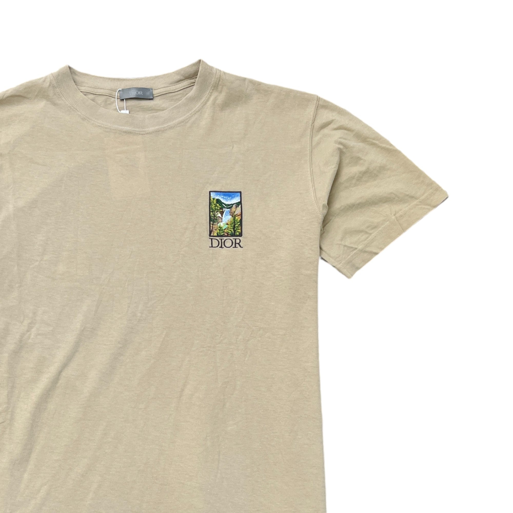 Men's Embroidered Logo Back Print T-Shirt Beige Size S