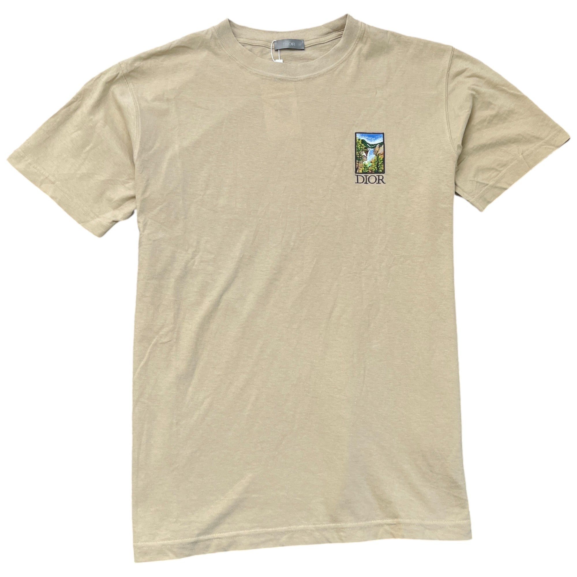 Men's Embroidered Logo Back Print T-Shirt Beige Size S