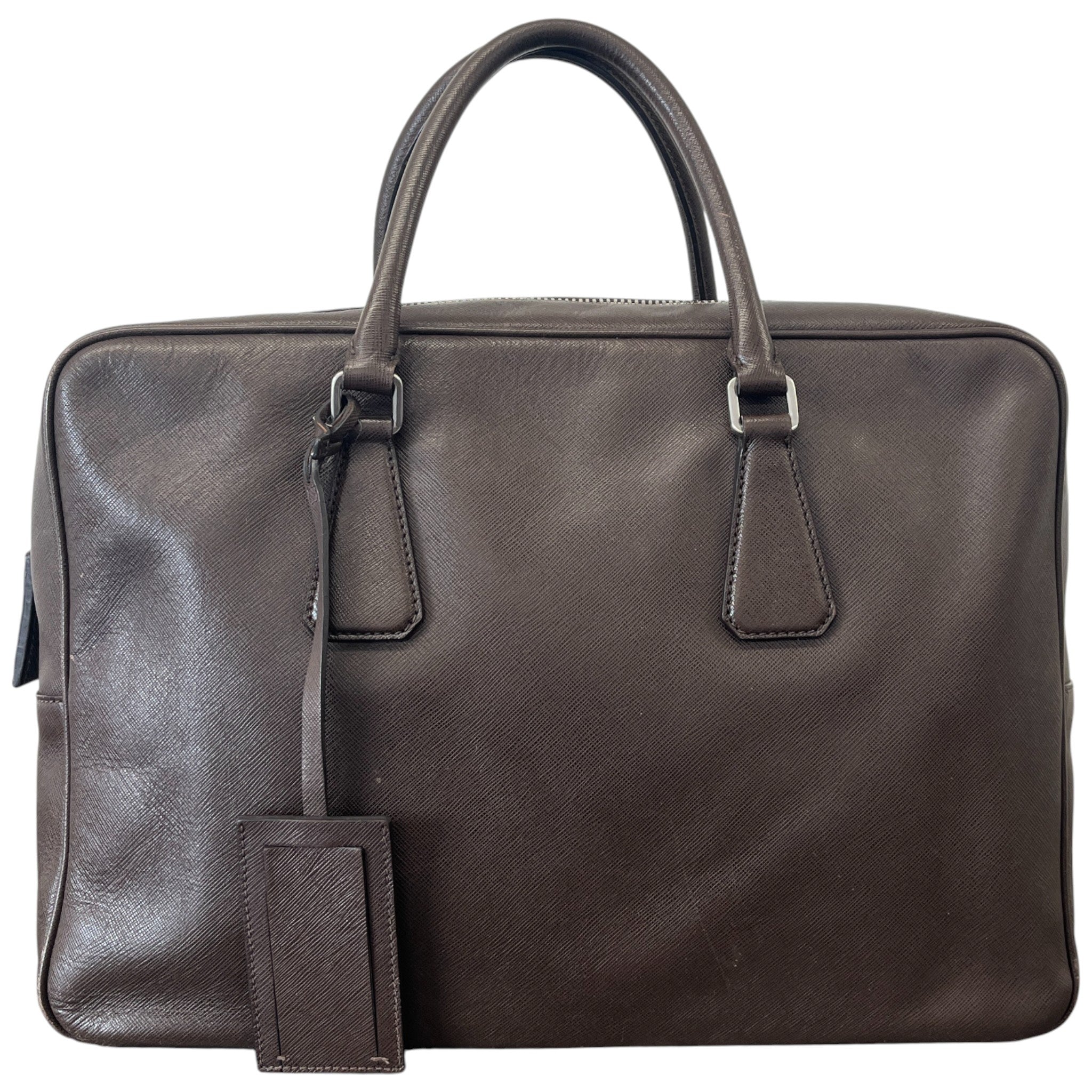 Men's Plaque Logo Saffiano Briefcase Bag Brown