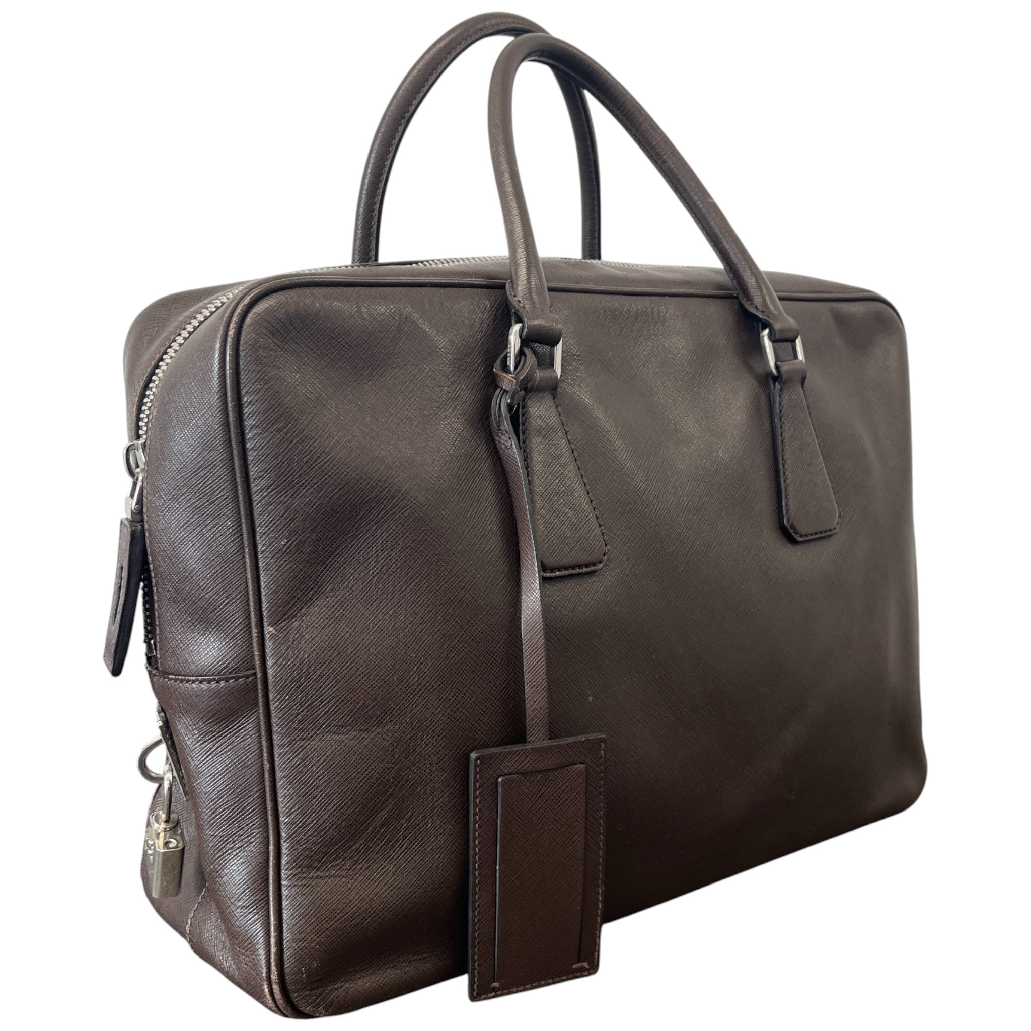 Men's Plaque Logo Saffiano Briefcase Bag Brown