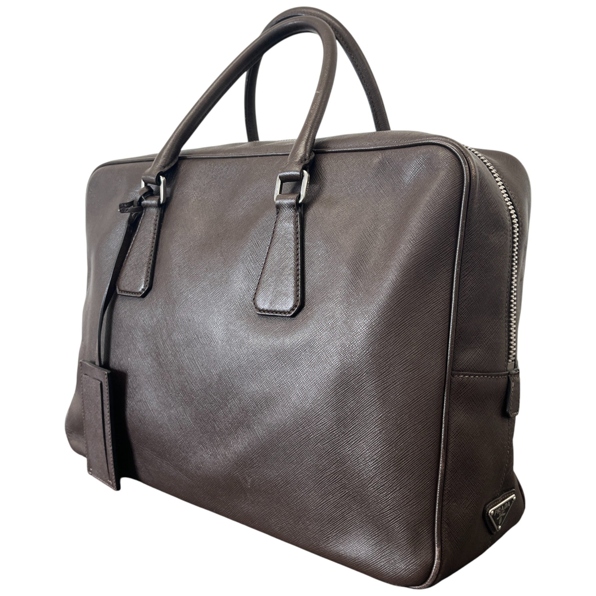 Men's Plaque Logo Saffiano Briefcase Bag Brown