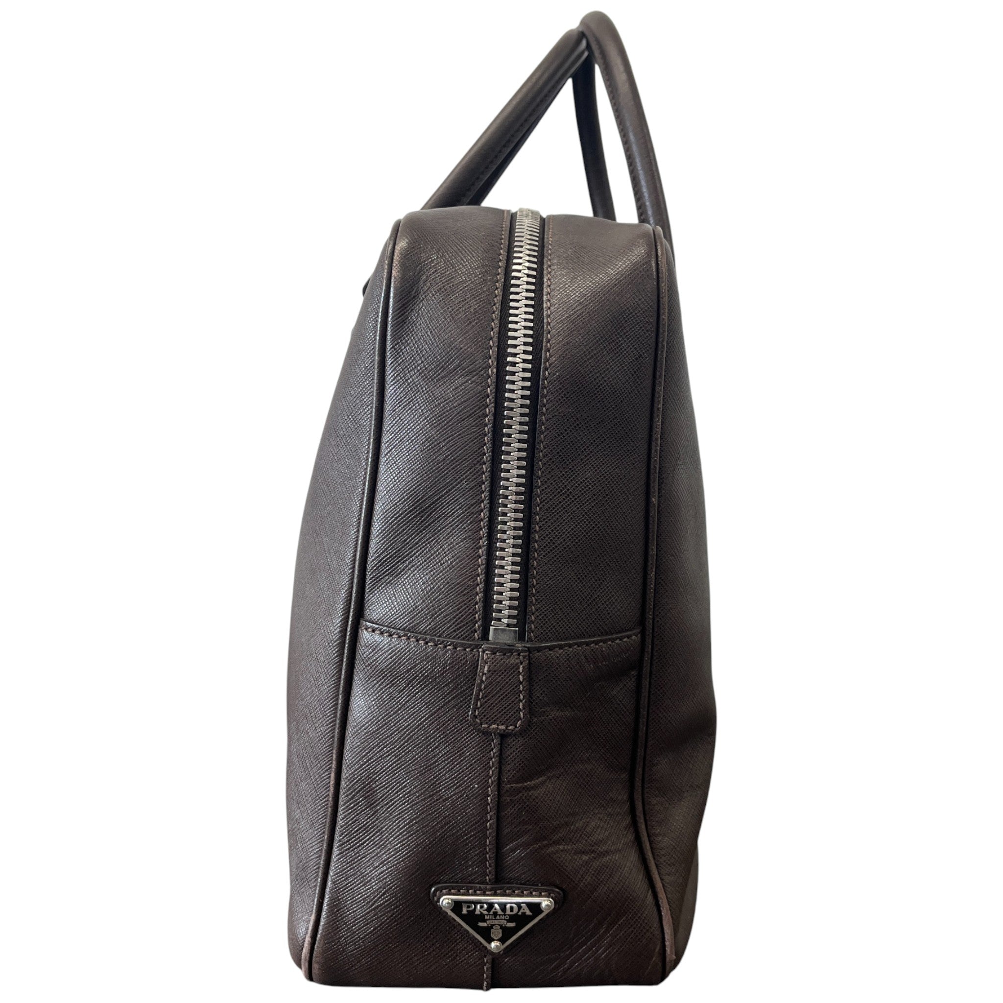 Men's Plaque Logo Saffiano Briefcase Bag Brown