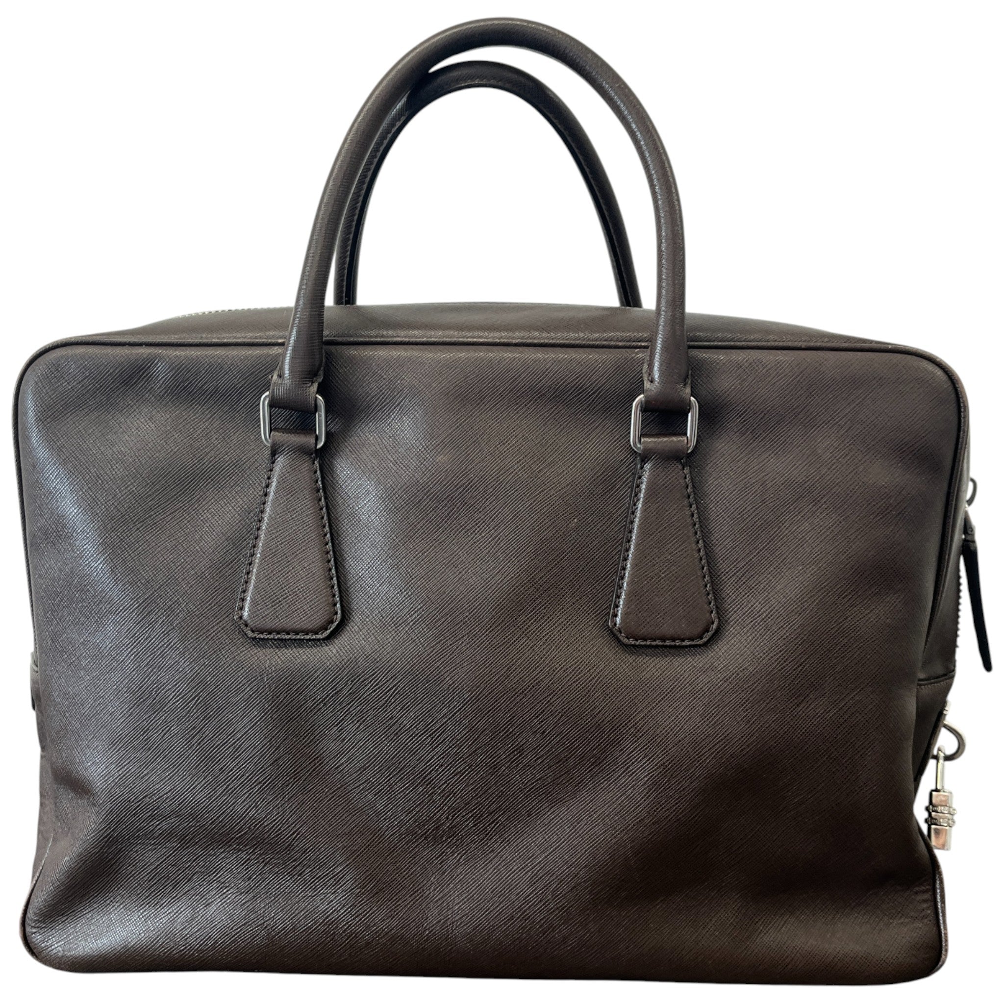 Men's Plaque Logo Saffiano Briefcase Bag Brown