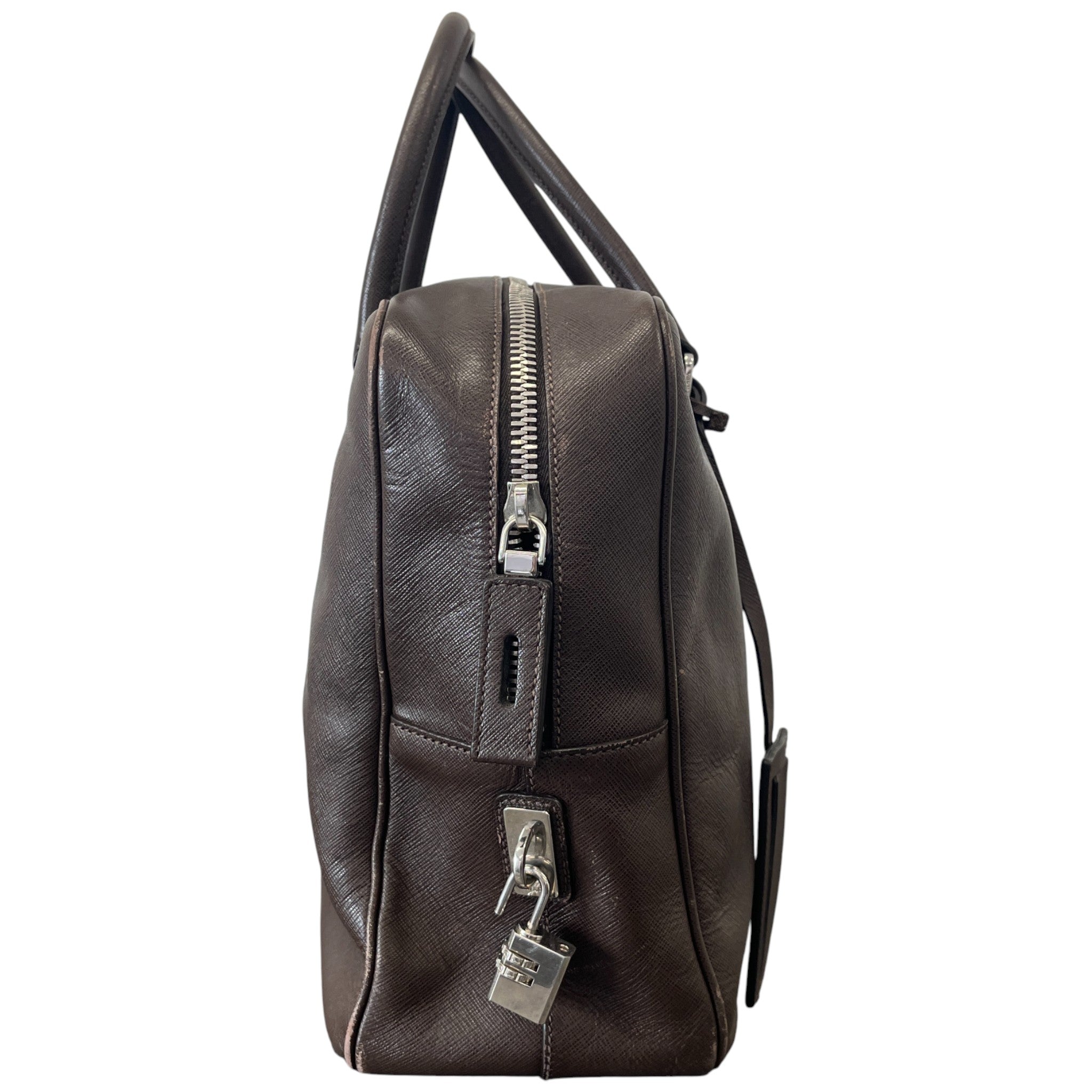 Men's Plaque Logo Saffiano Briefcase Bag Brown