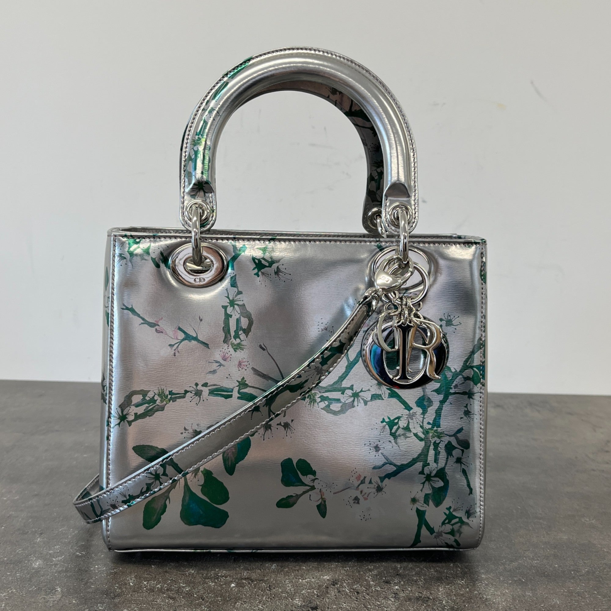 Women's Metallic Patent Floral Printed Medium Lady Dior Bag Silver