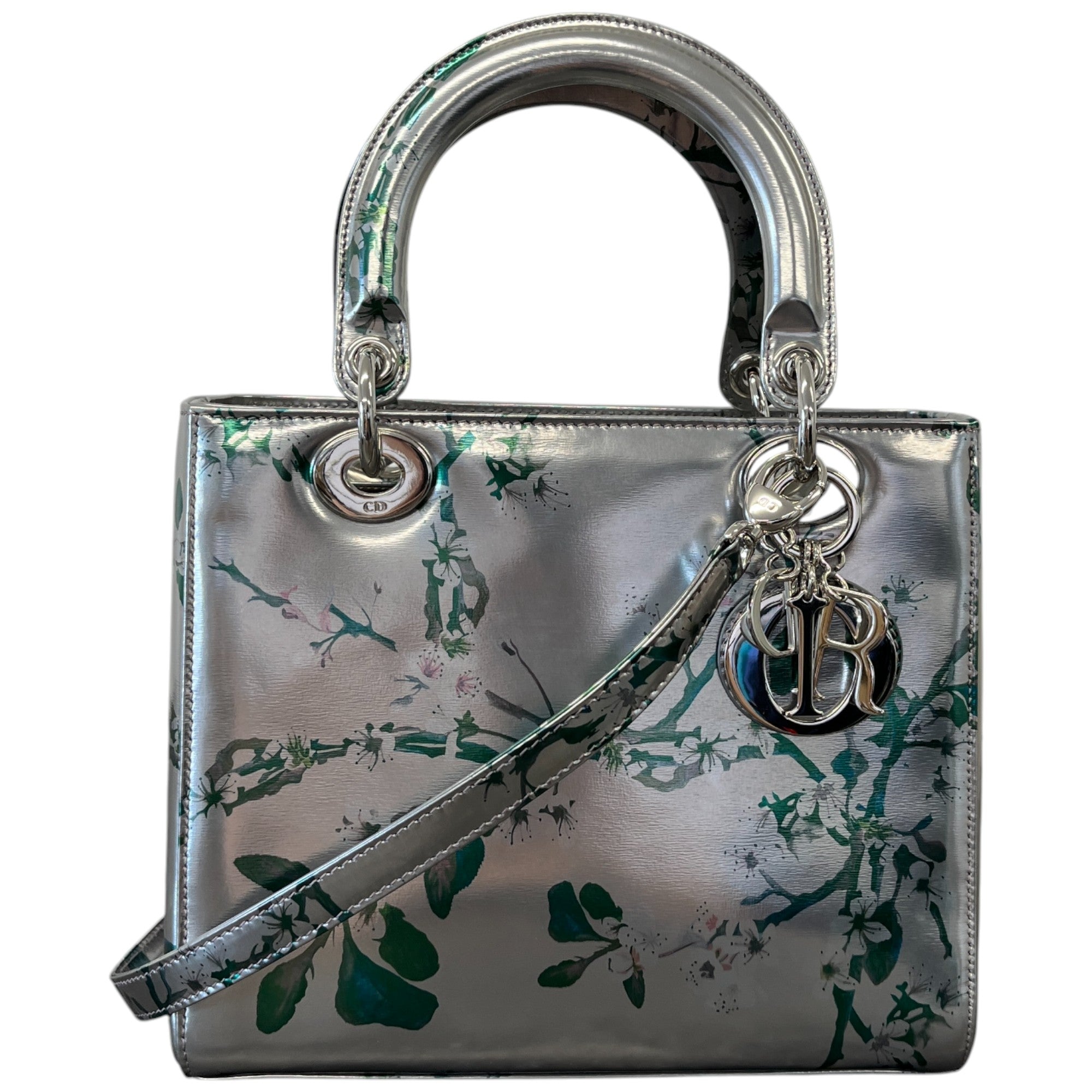 Women's Metallic Patent Floral Printed Medium Lady Dior Bag Silver