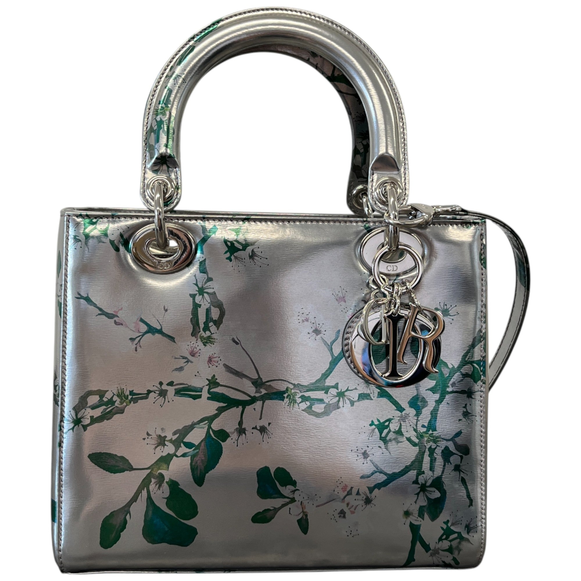 Women's Metallic Patent Floral Printed Medium Lady Dior Bag Silver