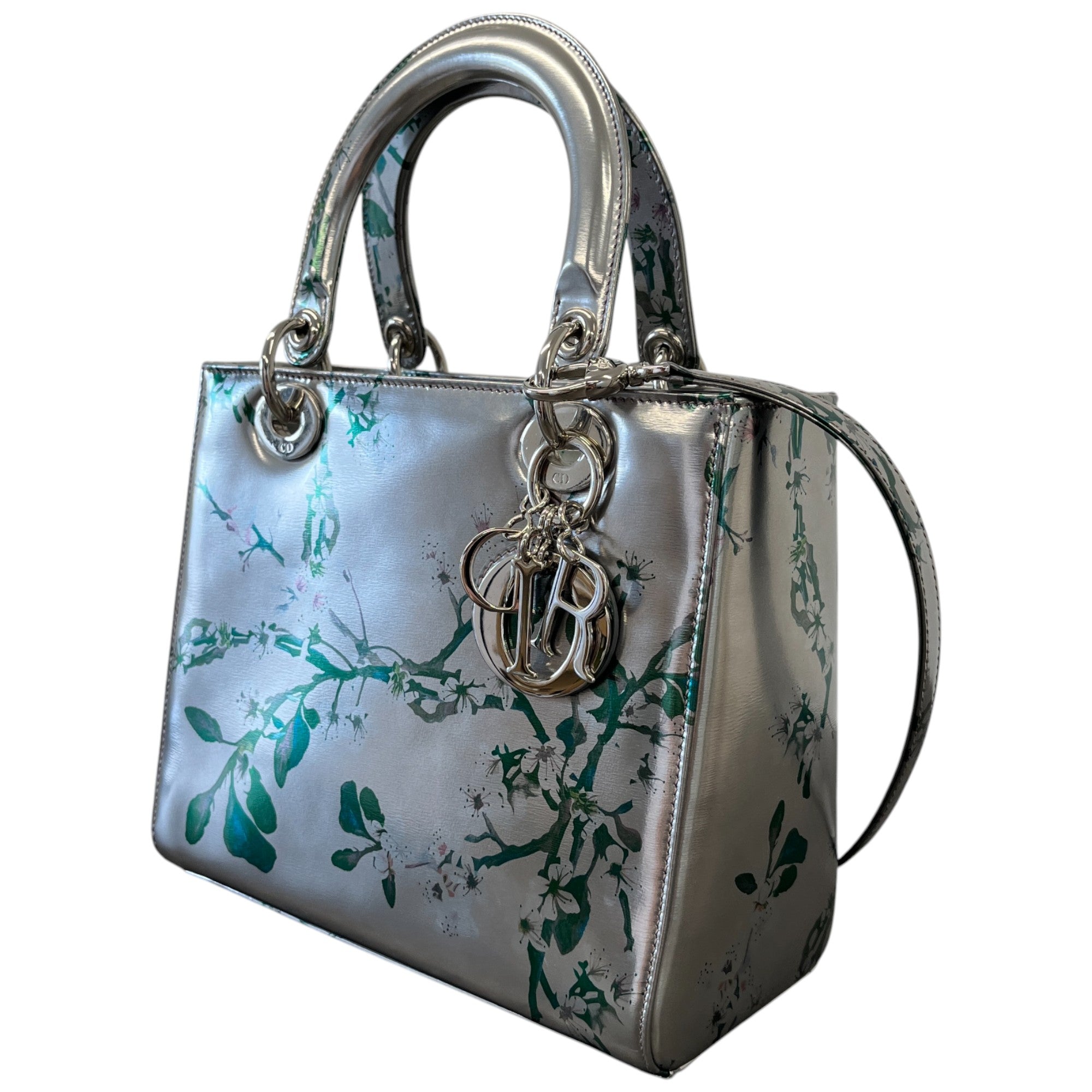 Women's Metallic Patent Floral Printed Medium Lady Dior Bag Silver
