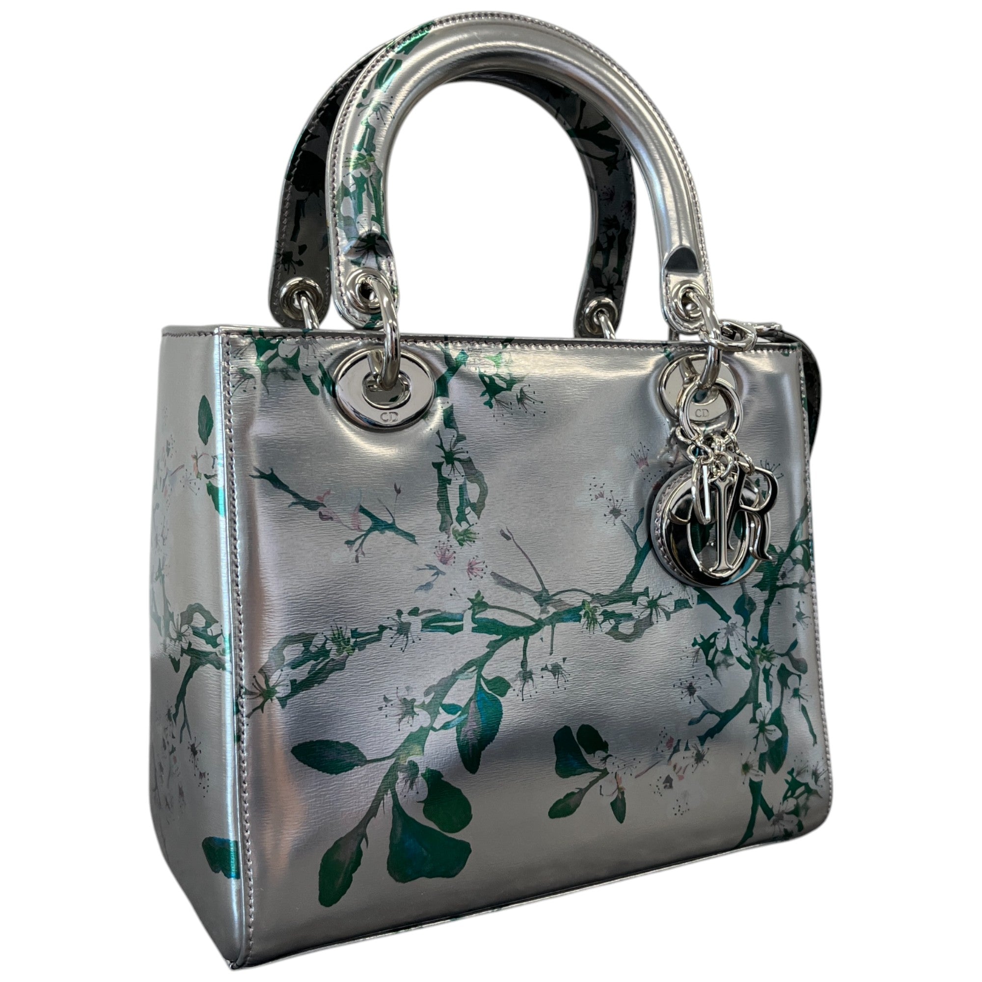 Women's Metallic Patent Floral Printed Medium Lady Dior Bag Silver