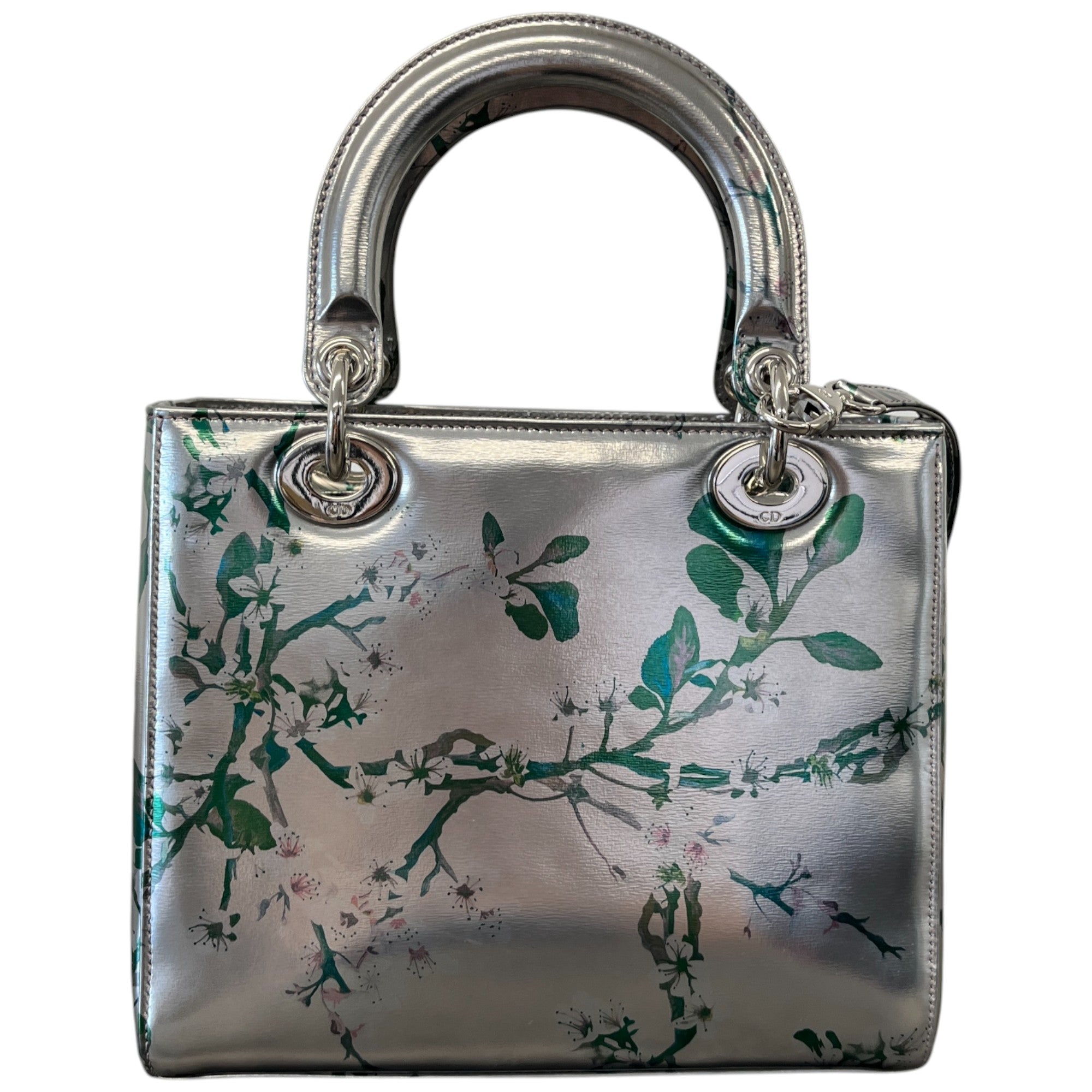 Women's Metallic Patent Floral Printed Medium Lady Dior Bag Silver