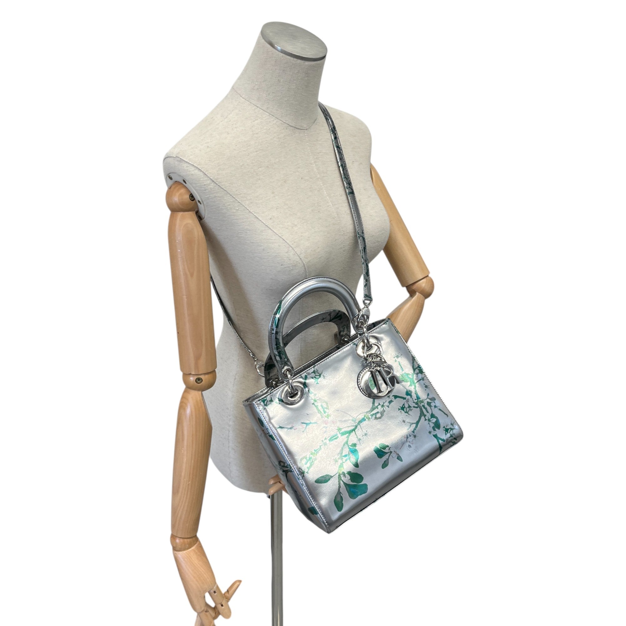 Women's Metallic Patent Floral Printed Medium Lady Dior Bag Silver