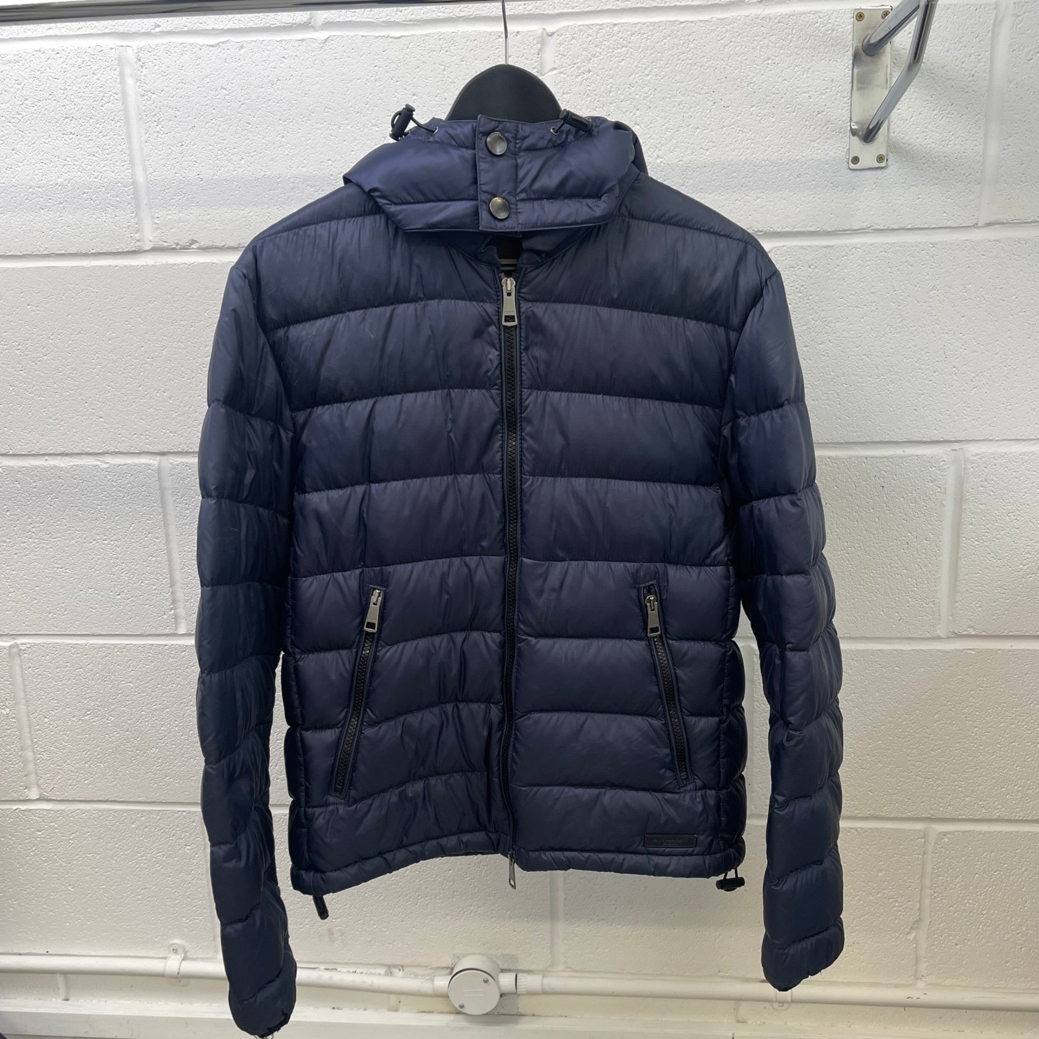 Men's Check Print Hood Down Jacket Navy Size S