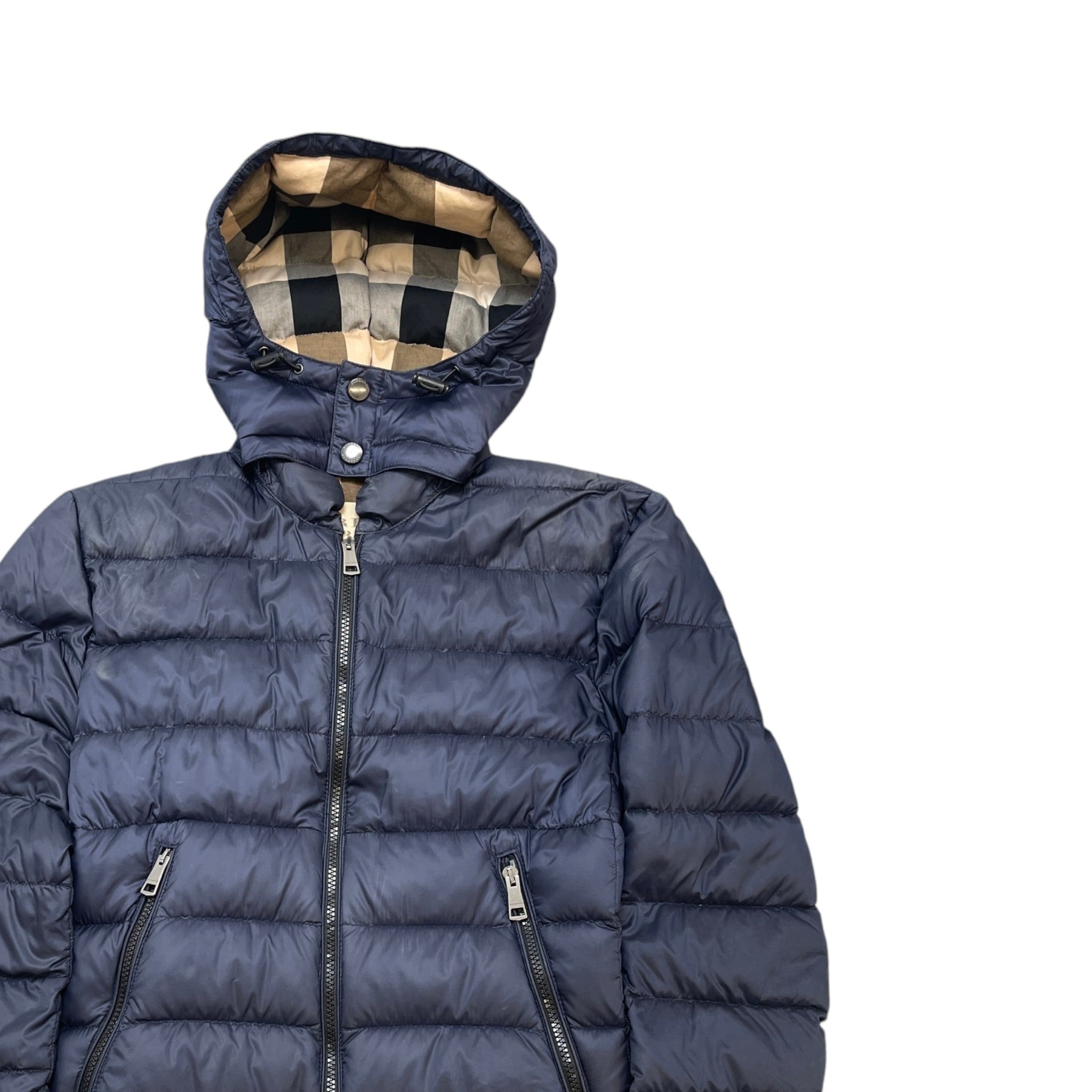 Men's Check Print Hood Down Jacket Navy Size S