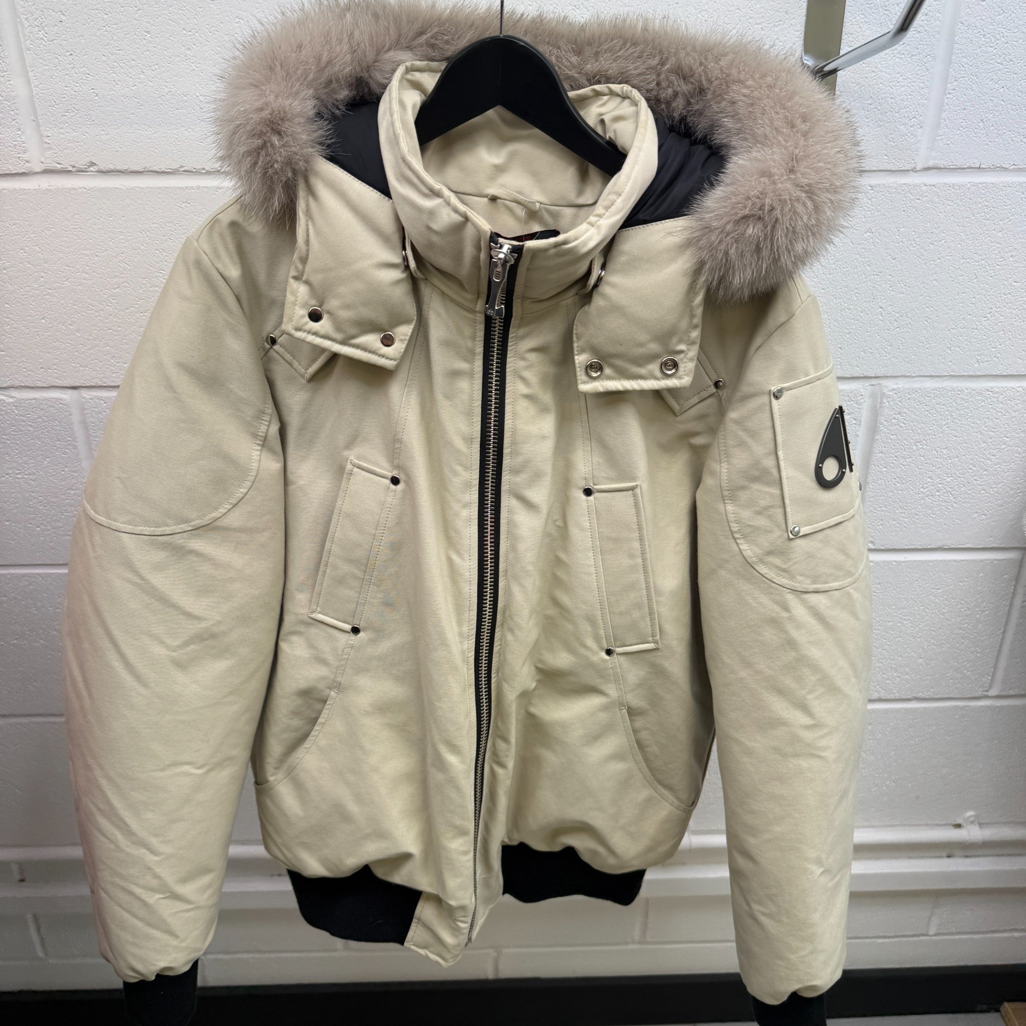 Men's Ballistic Shearling Trim Bomber Down Jacket Beige Size L