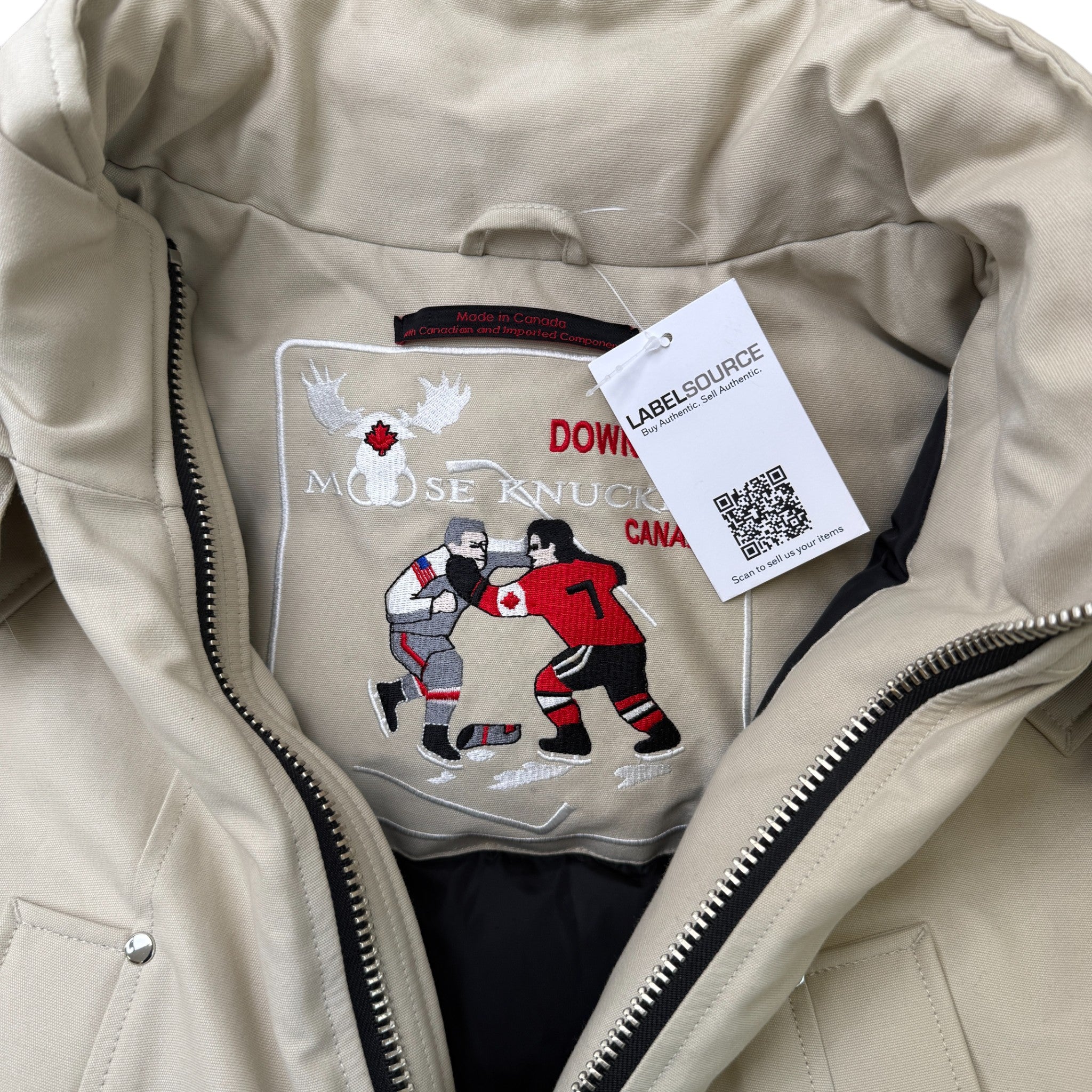 Men's Ballistic Shearling Trim Bomber Down Jacket Beige Size L