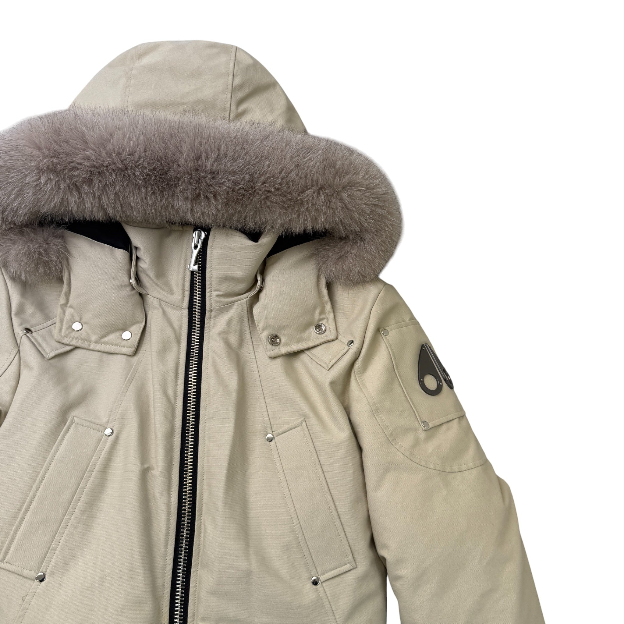 Men's Ballistic Shearling Trim Bomber Down Jacket Beige Size L