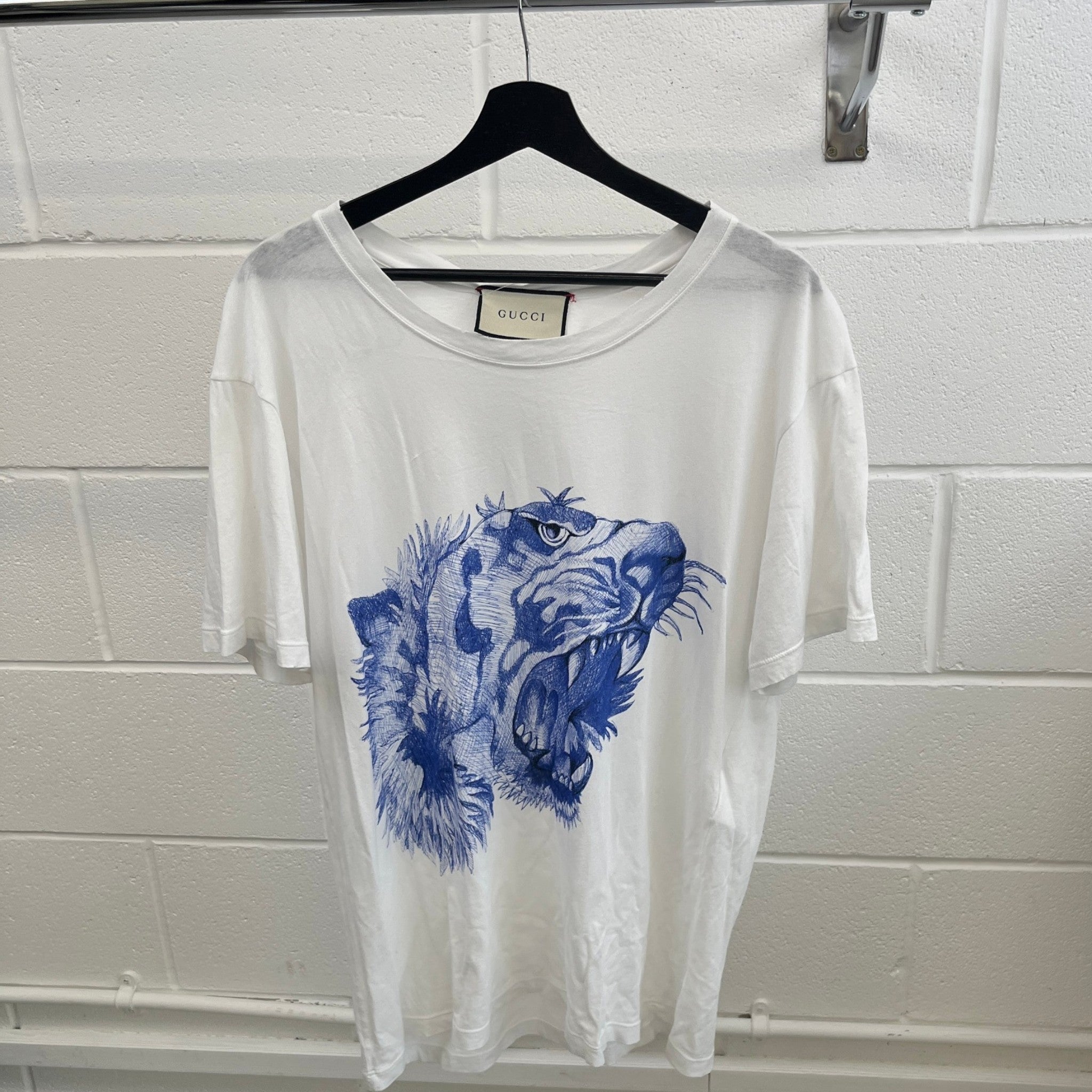 Men's Tiger Print Distressed T-Shirt White Size M