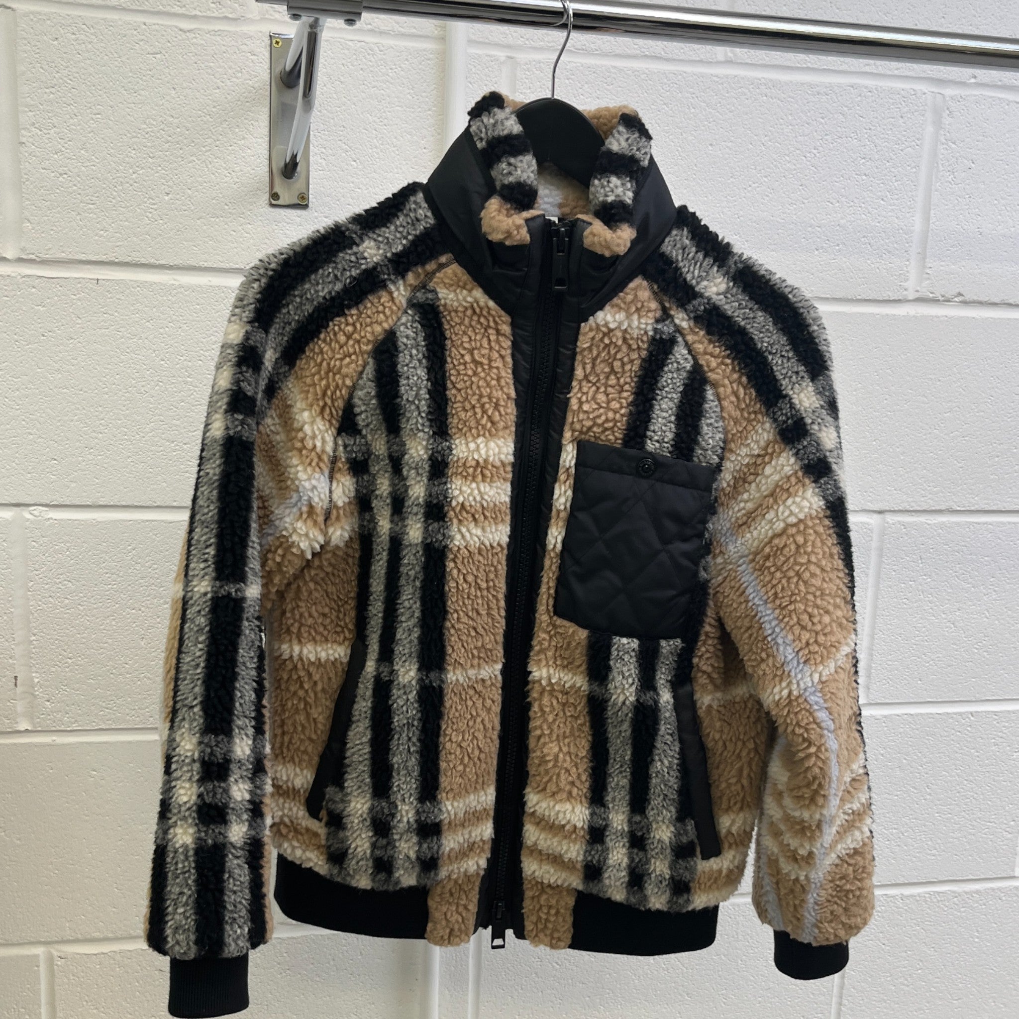 Women's Checkered Shearling Jacket Beige Size XXS