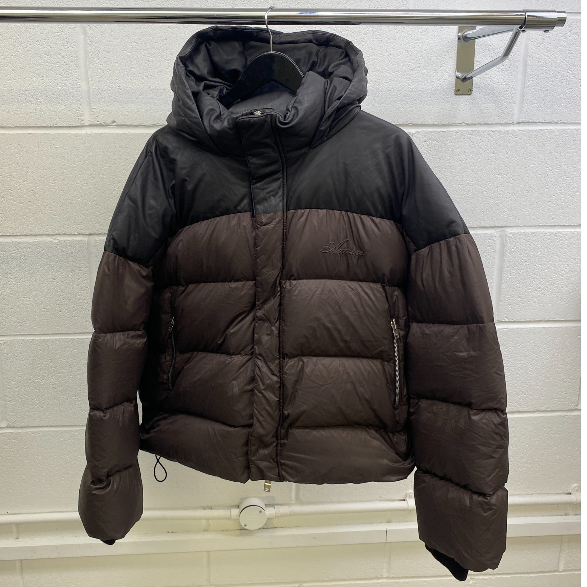 Men's Embroidered Logo Down Jacket Brown Size M