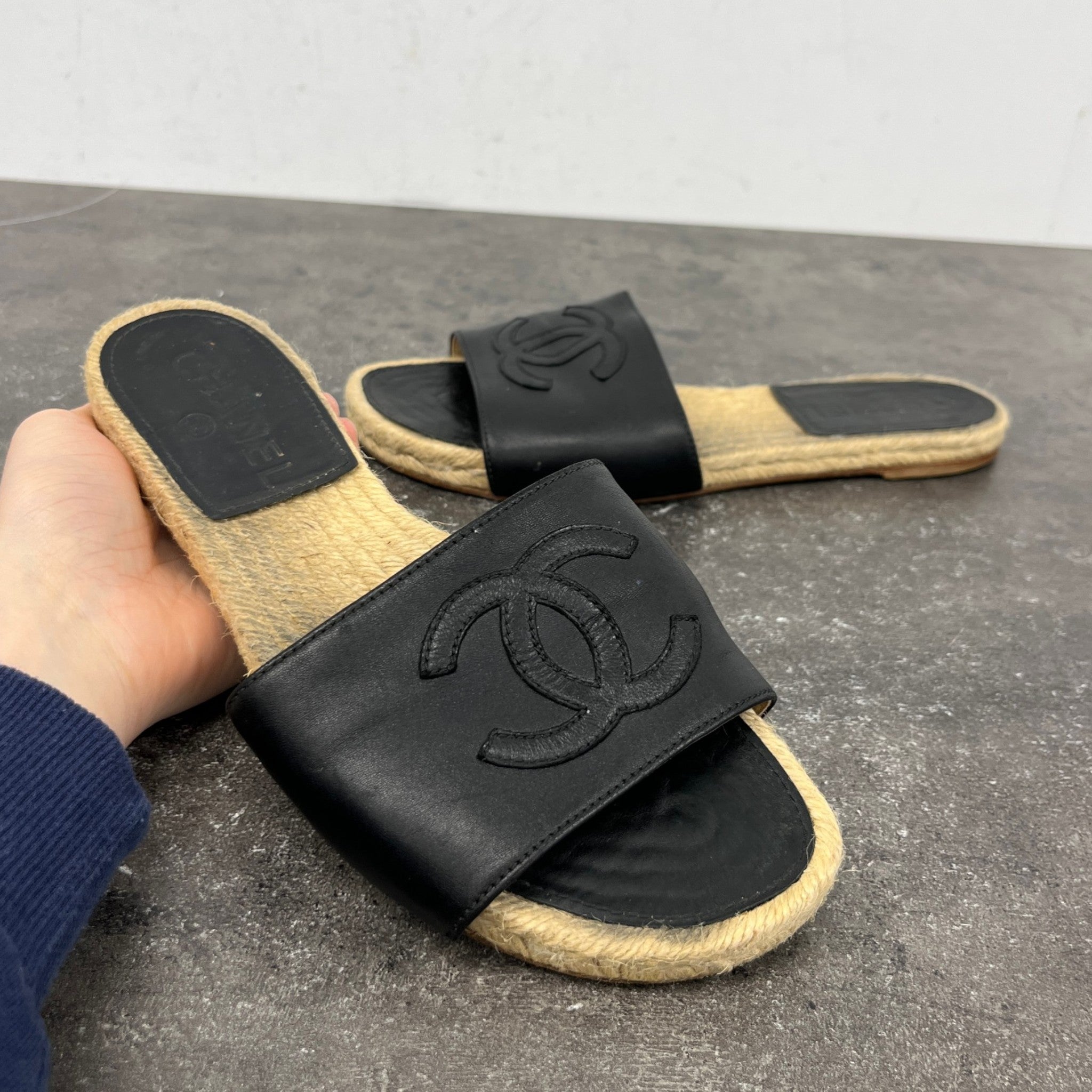 Women's Stitched Interlocking Cc Espadrille Slides Black Size EU 38 / UK 5