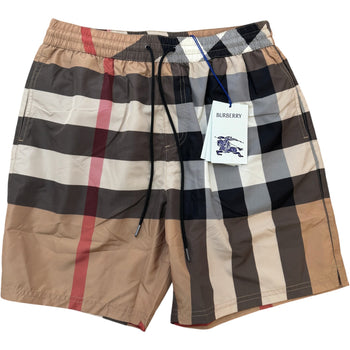 Men's Check Print Swim Shorts Beige Size L / W34