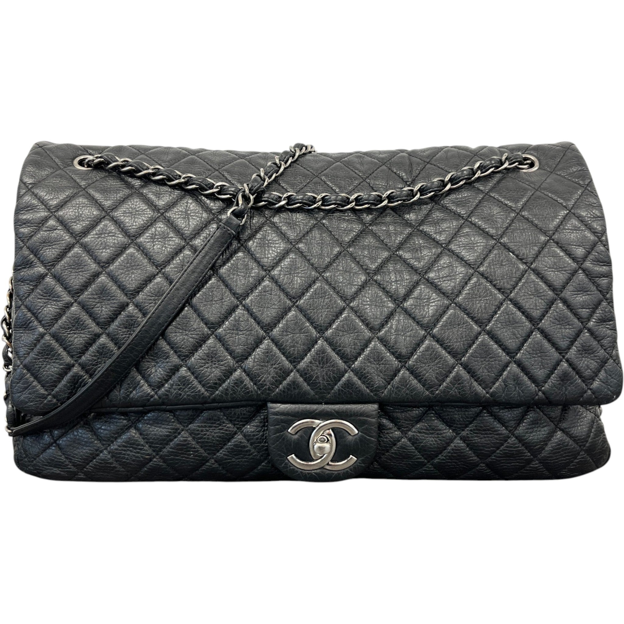 Women's Calfskin Quilted Airline Xxl Travel Flap Bag Black