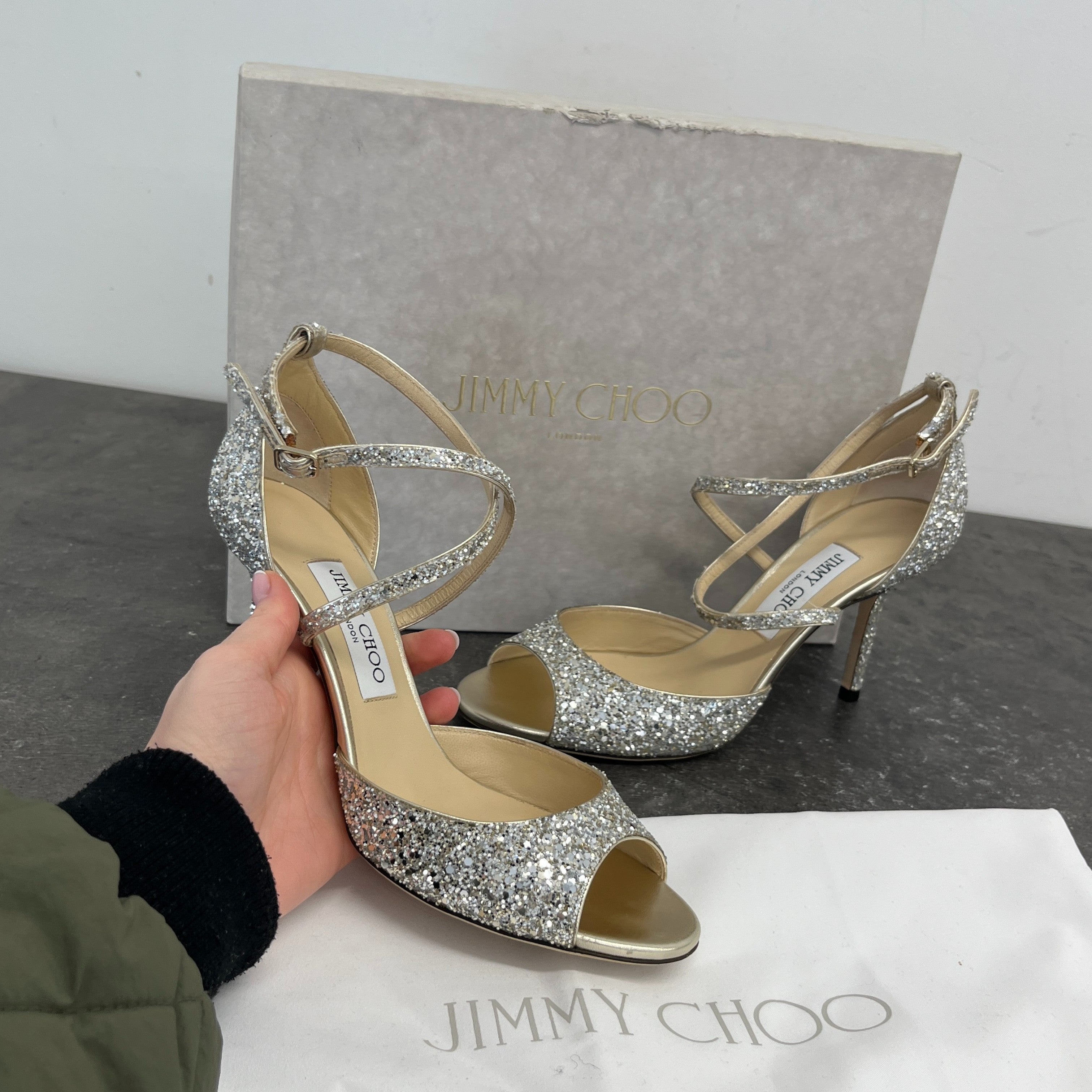 Women's Emsy 85 Glitter Sandals Heels Silver Size EU 38.5 / UK 5.5