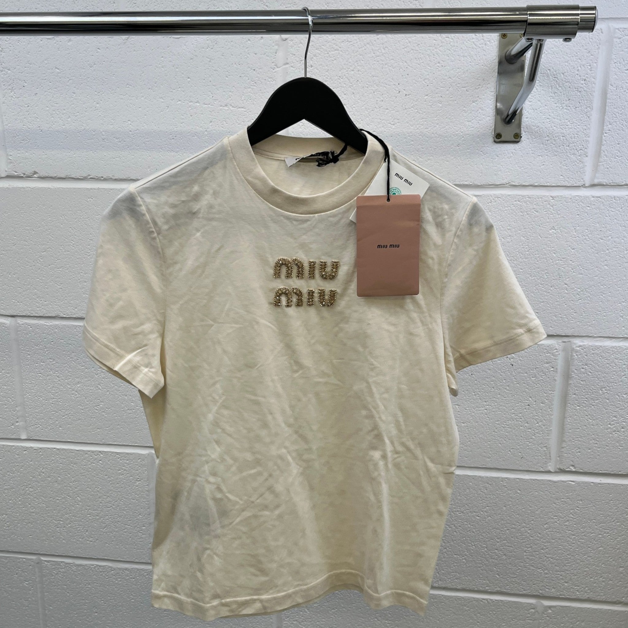 Women's Crystal Embellished T-Shirt Cream Size S