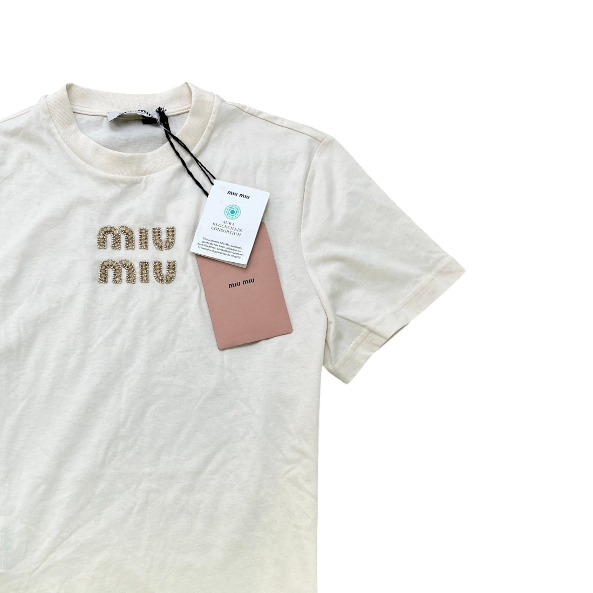 Women's Crystal Embellished T-Shirt Cream Size S