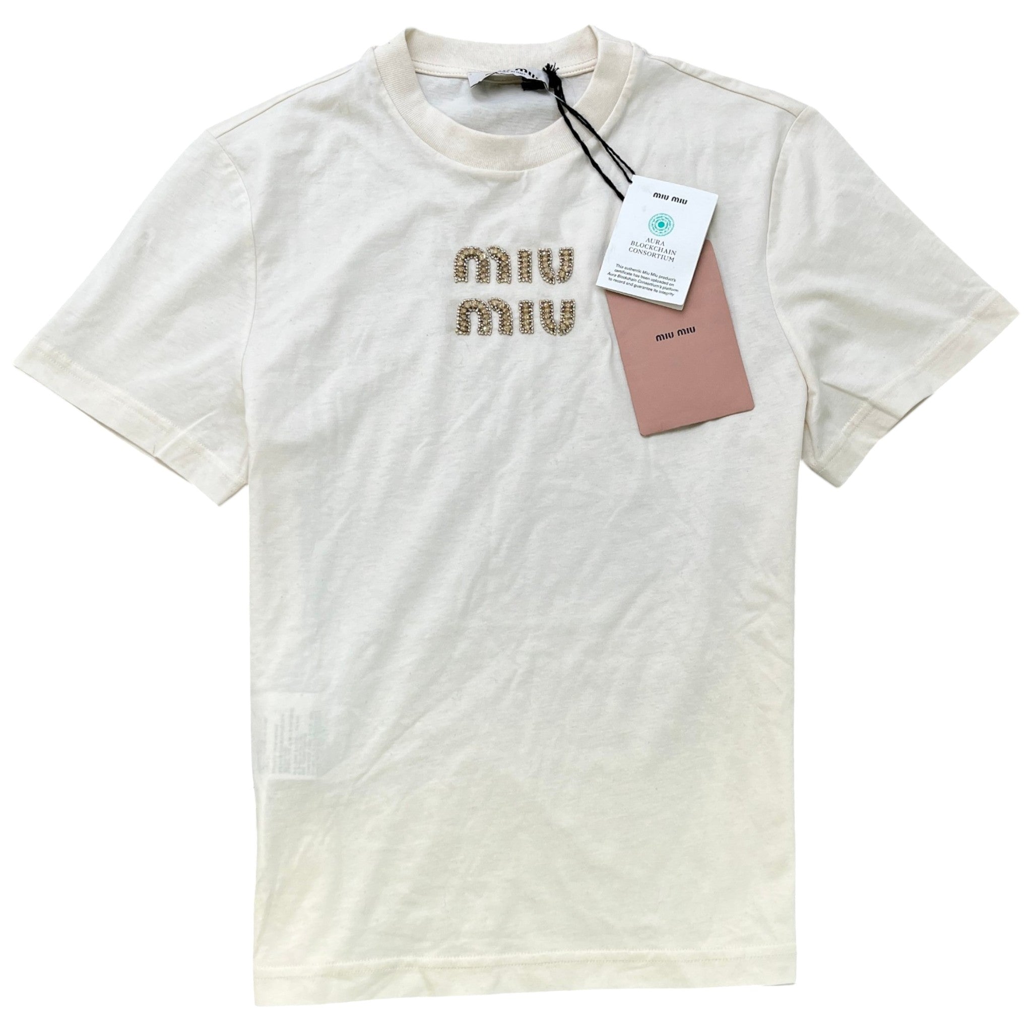 Women's Crystal Embellished T-Shirt Cream Size S