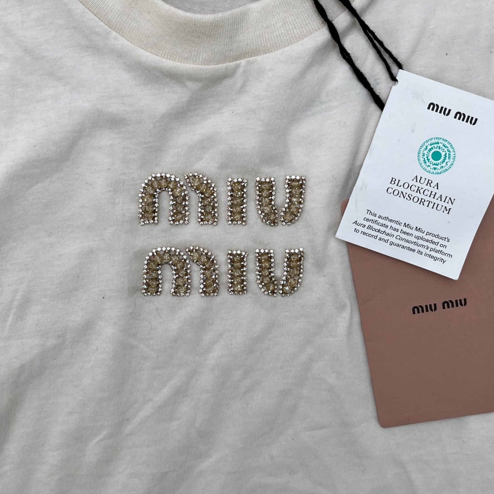 Women's Crystal Embellished T-Shirt Cream Size S