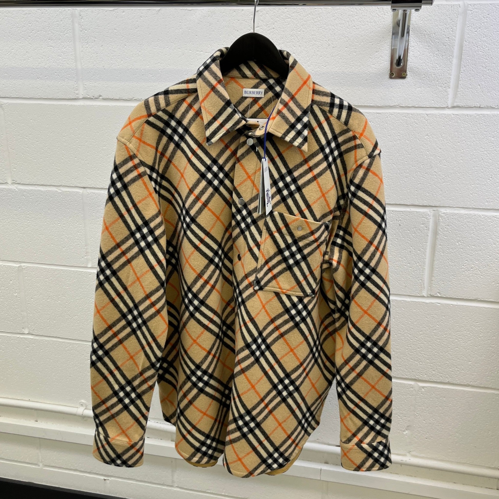 Men's Check Poplin OverShirt Beige Size XL