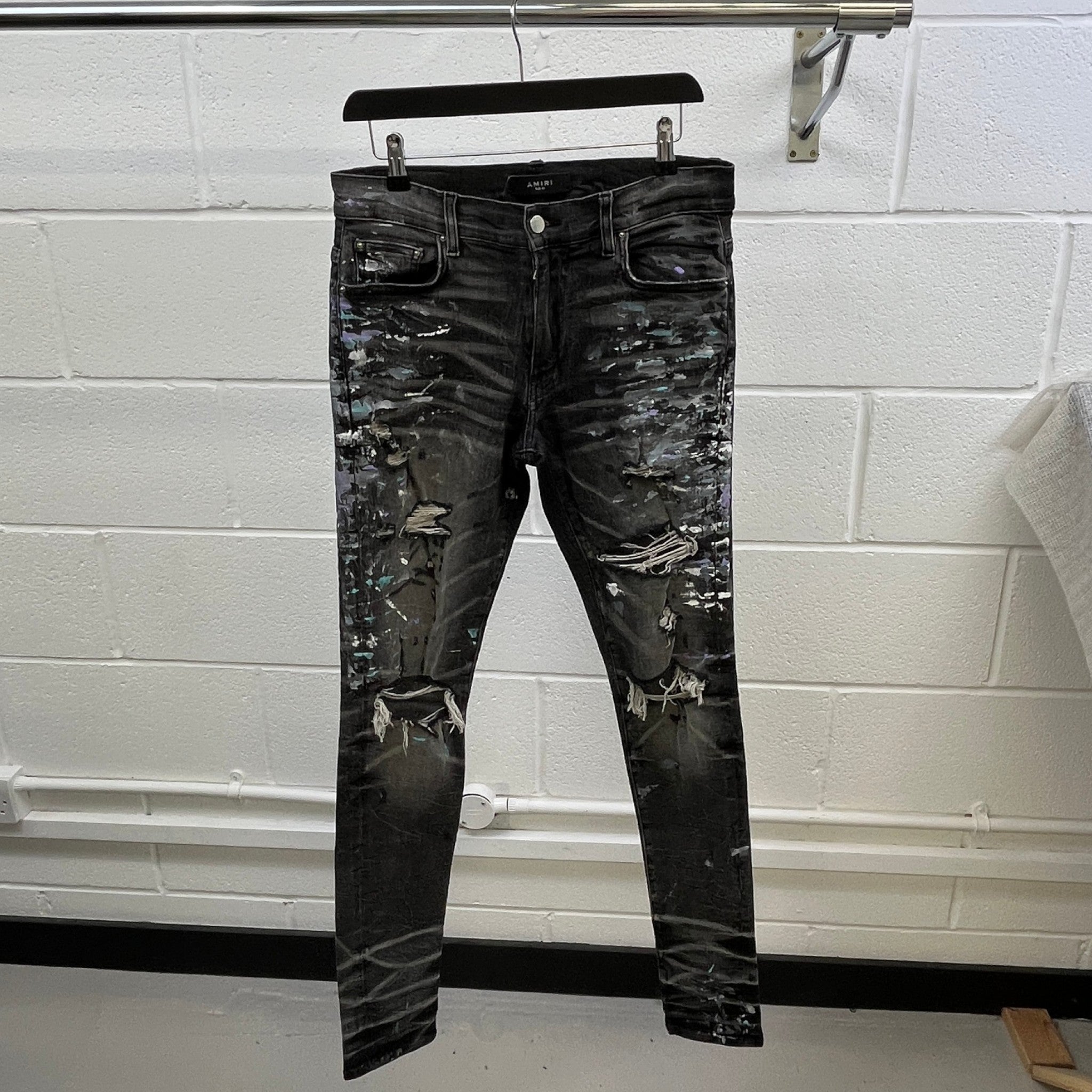 Men's Paint Splash Jeans Black Size Waist 30"