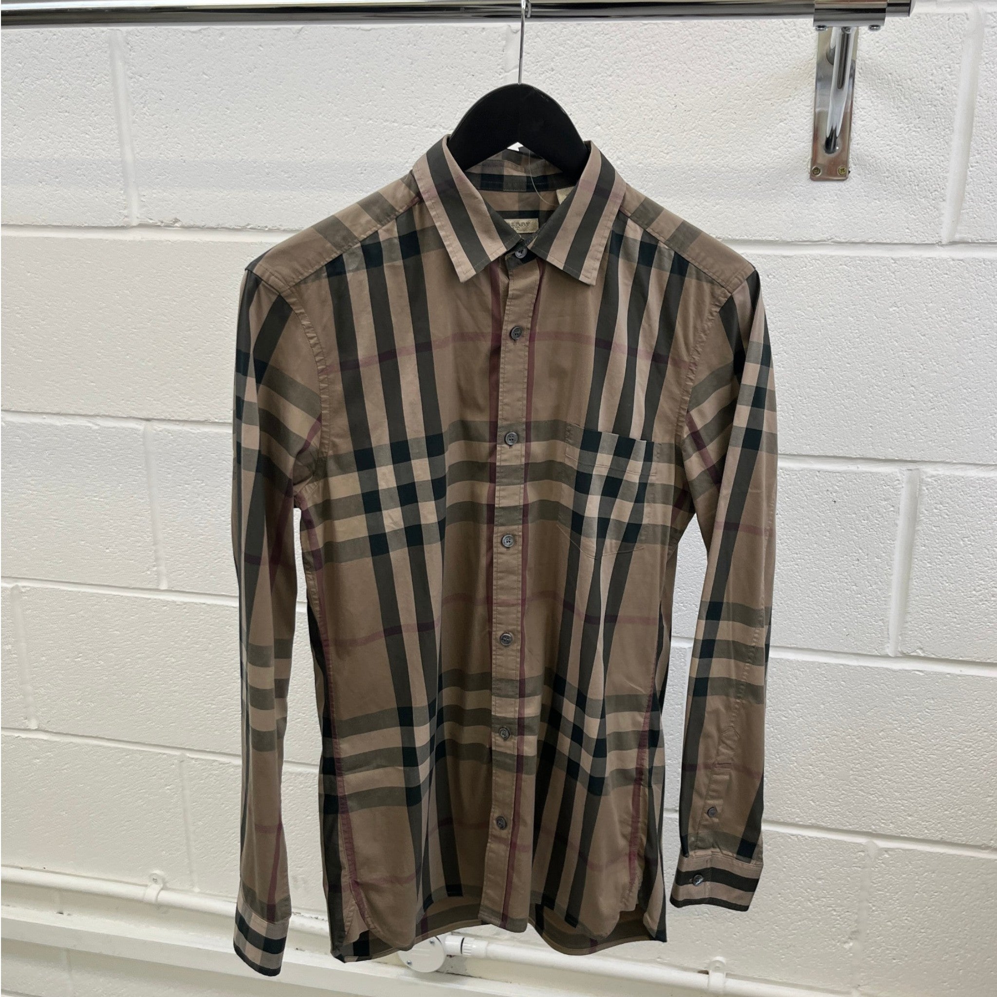 Men's Check Print Long Sleeve Shirt Beige Size S
