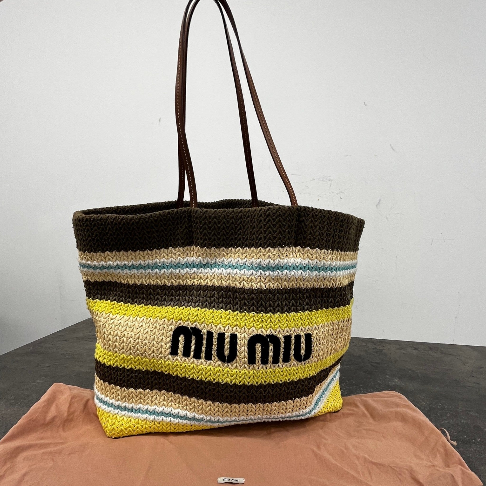 Women's Logo-Embroidered Striped Raffia Tote Bag Beige
