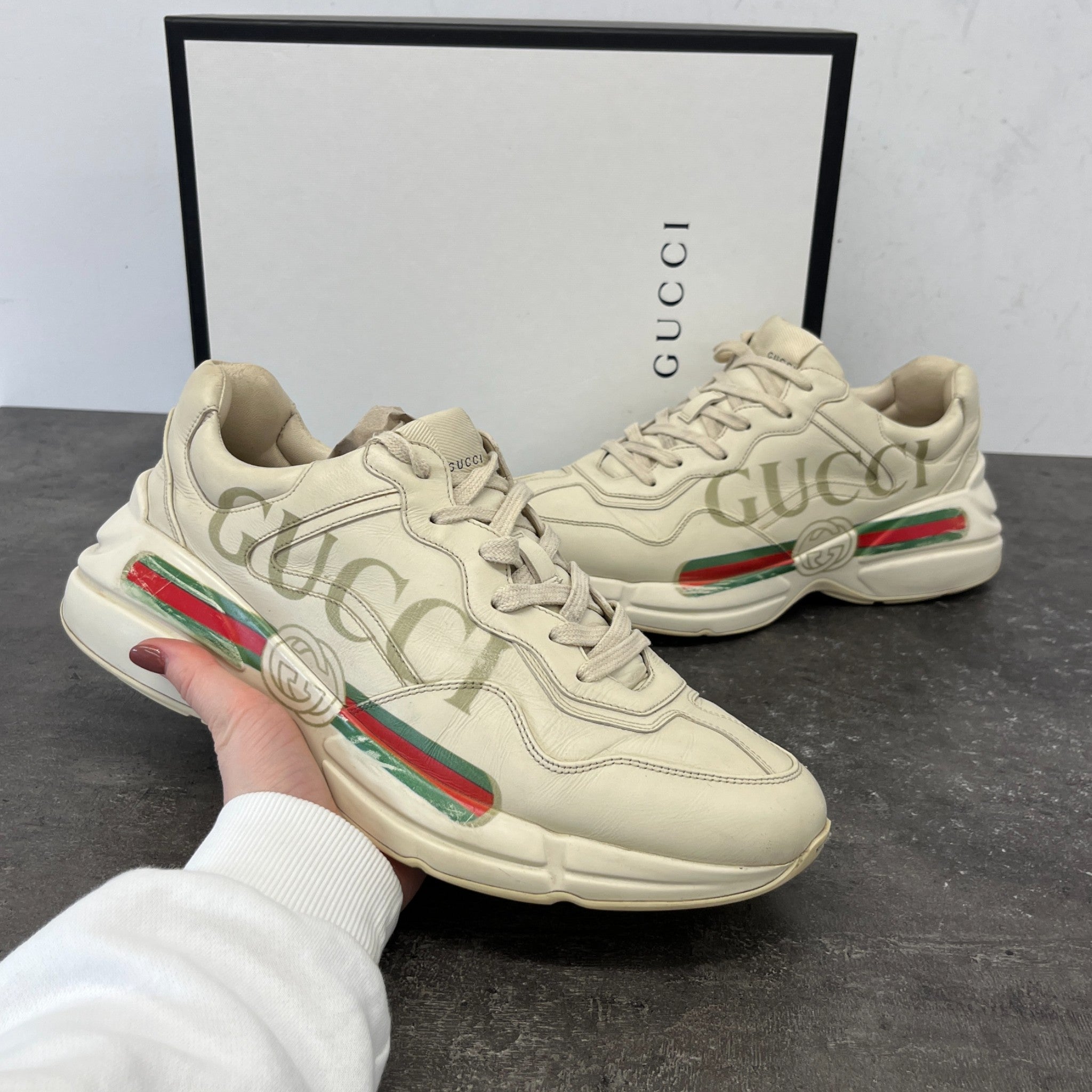 Men's Rhyton Stripe Low Trainers Beige Size EU 44.5 / UK 10.5