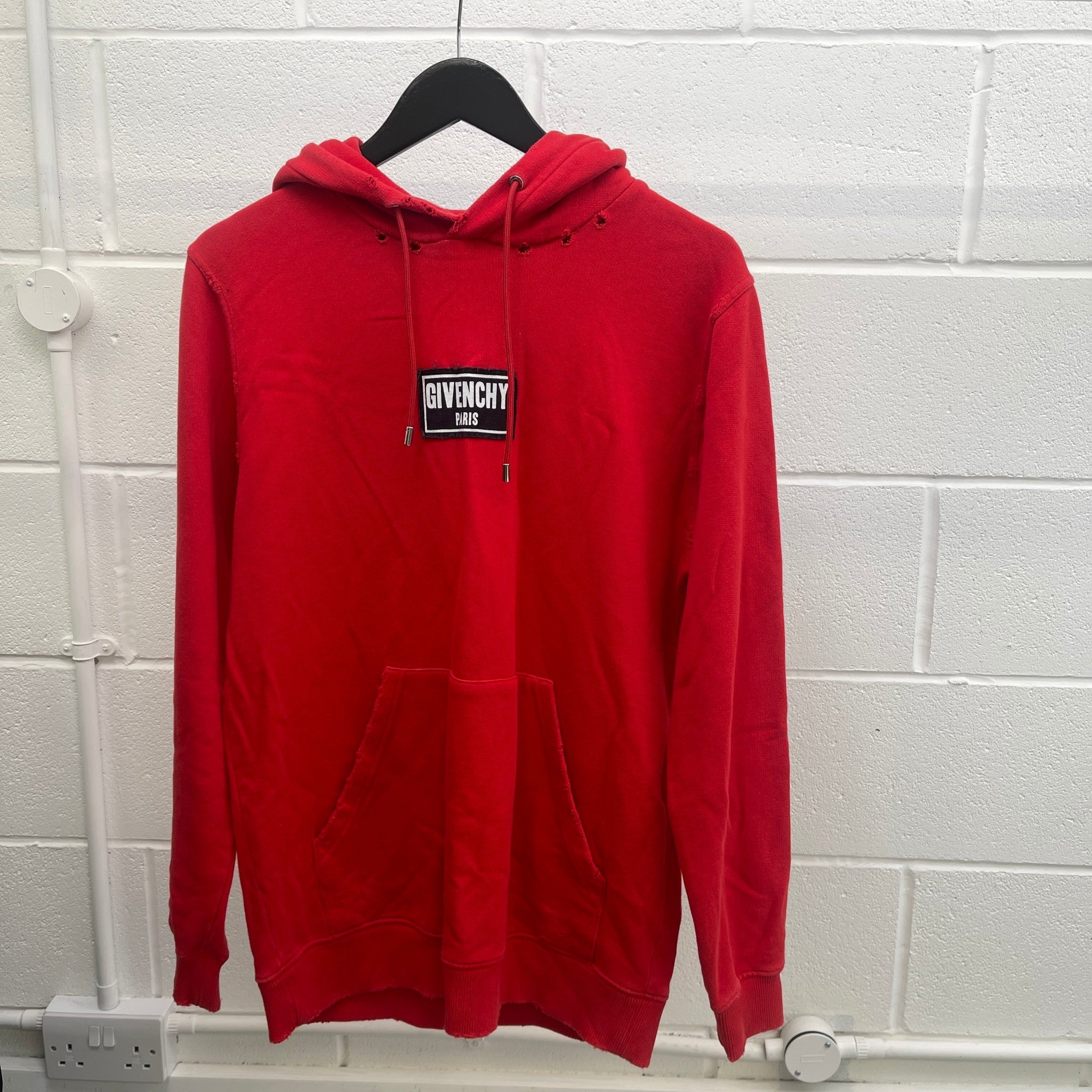 Men's Distressed Logo Patch Hoodie Red Size XS