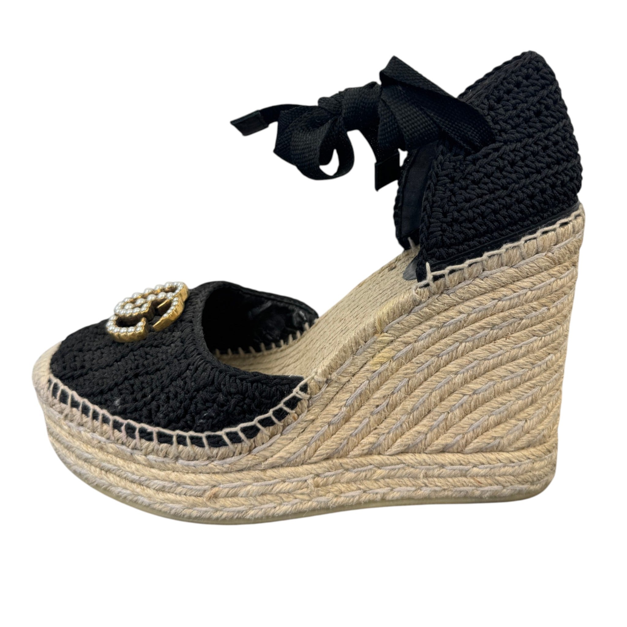 Women's Crochet Lilibeth Logo Embellished Platform Wedge Espadrilles Black Size EU 36 / UK 3
