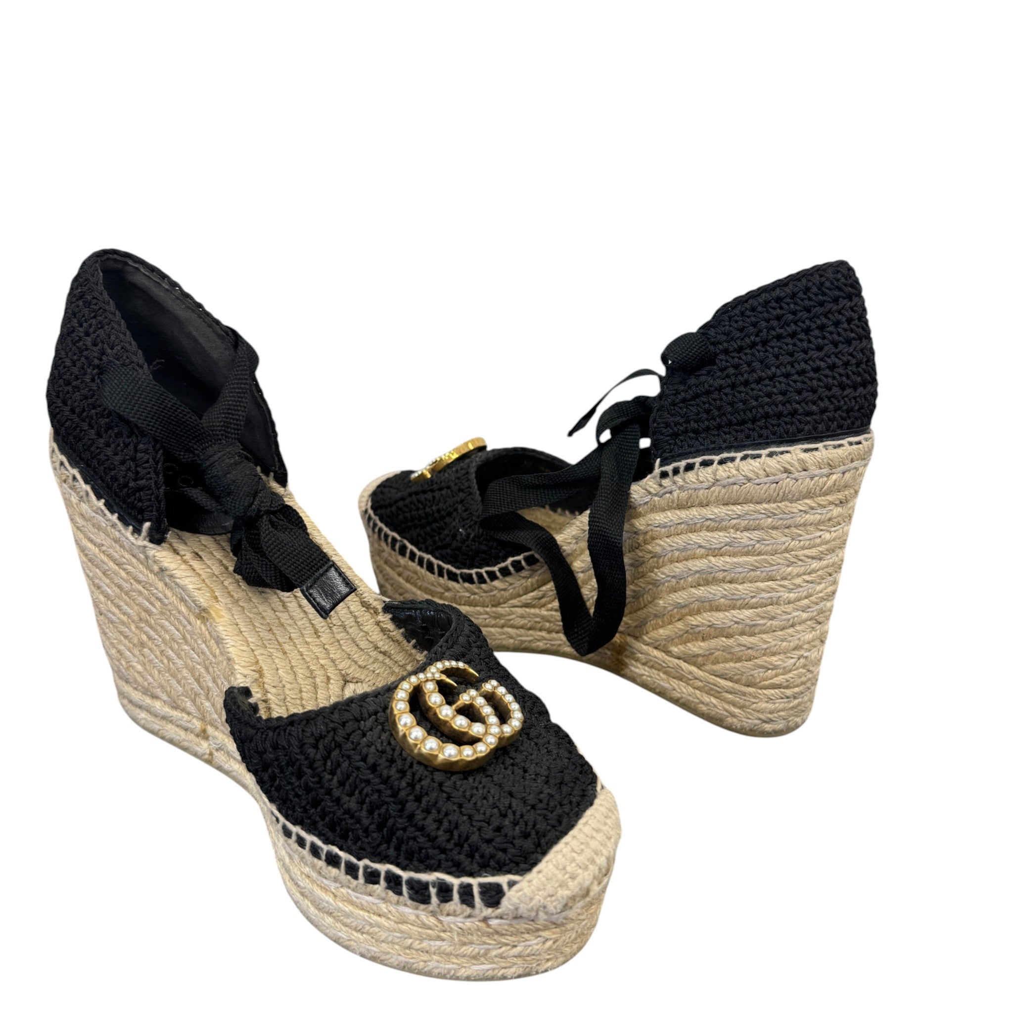 Women's Crochet Lilibeth Logo Embellished Platform Wedge Espadrilles Black Size EU 36 / UK 3